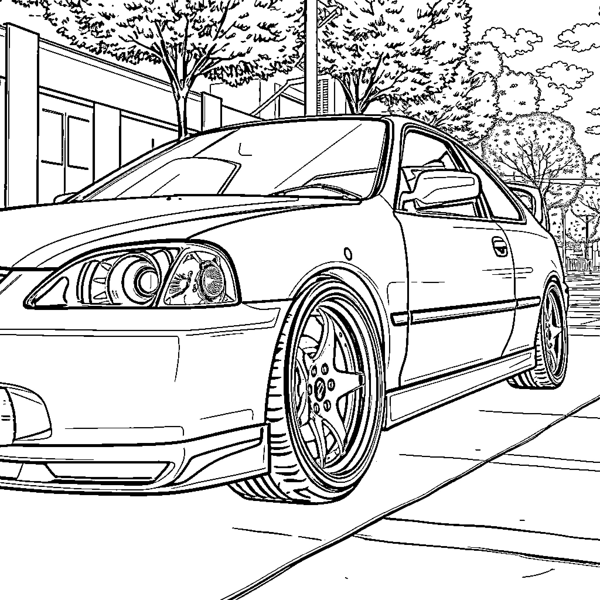 Honda Civic sports car on the street Coloring Page (free black-and-white line drawing printable PDF for all, from beginners to advanced learners, including children, teens, adults, and seniors)