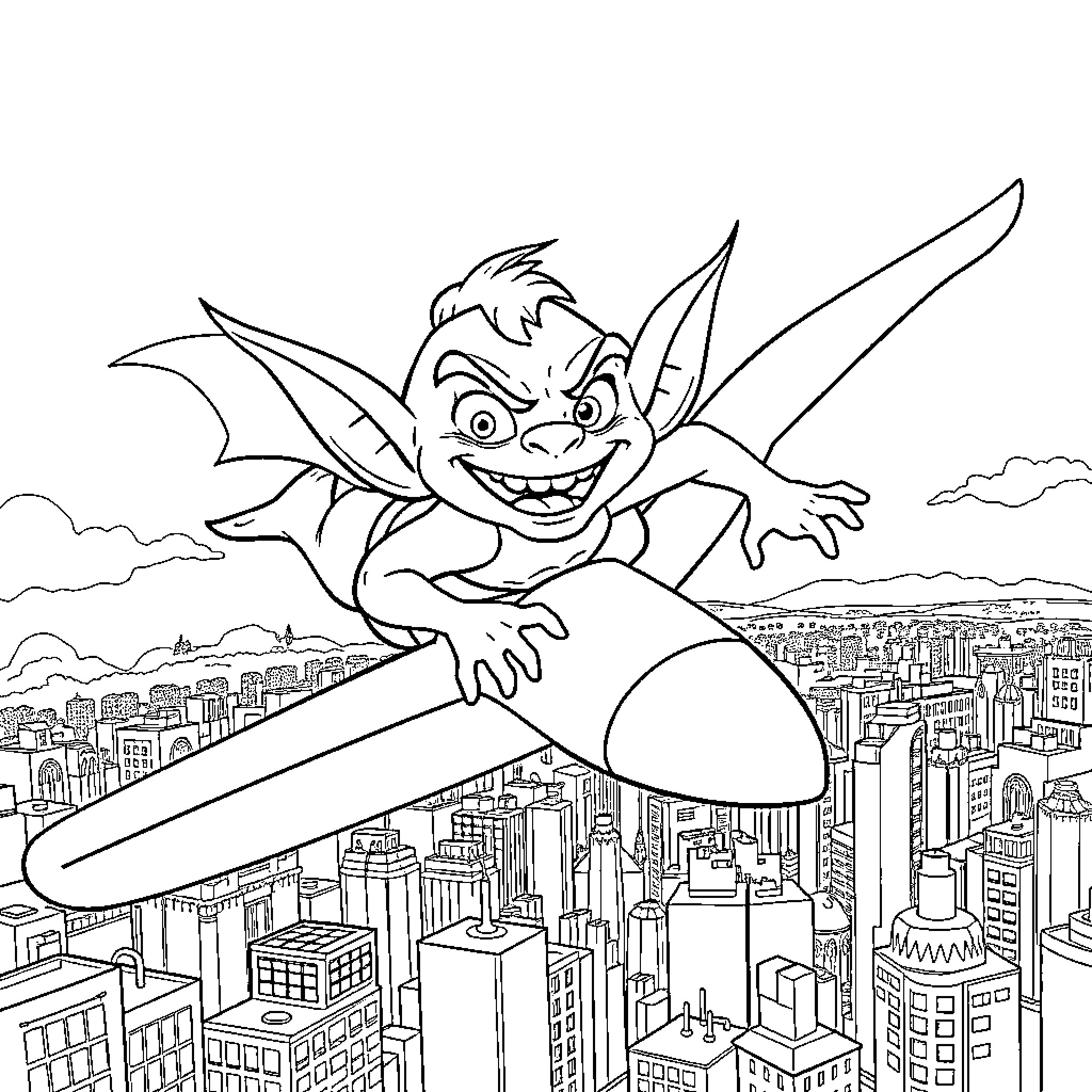 Goblin Soaring over the City Coloring Page (free black-and-white line drawing printable PDF for all, from beginners to advanced learners, including children, teens, adults, and seniors)