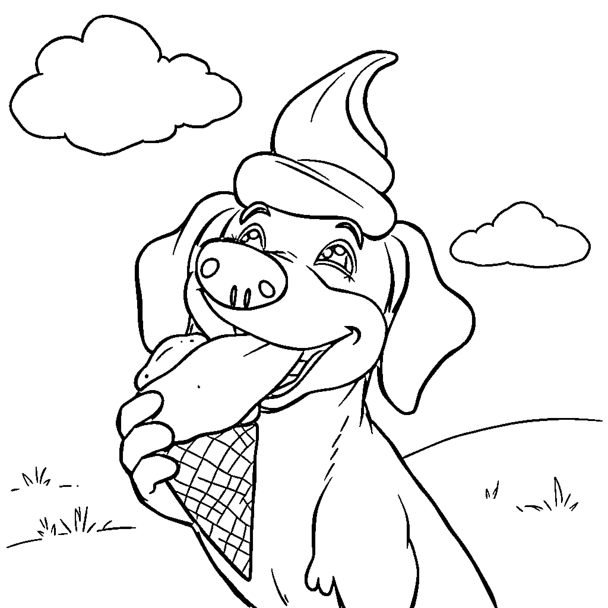 Sausage Dog happily licking ice cream cone Coloring Page (free black-and-white line drawing printable PDF for all, from beginners to advanced learners, including children, teens, adults, and seniors)