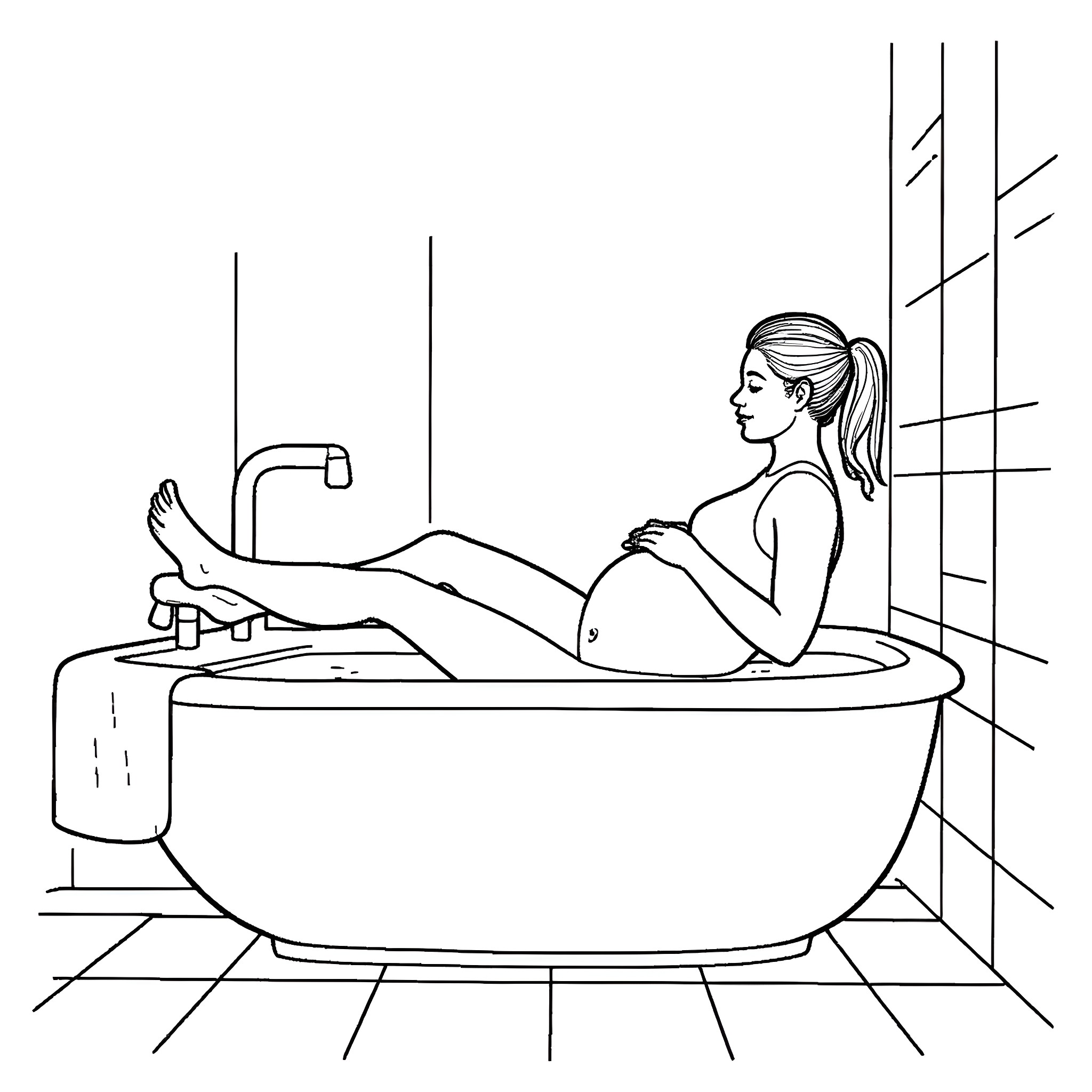 Pregnant Woman Relaxing in Bathtub Coloring Page (free black-and-white line drawing printable PDF for all, from beginners to advanced learners, including children, teens, adults, and seniors)