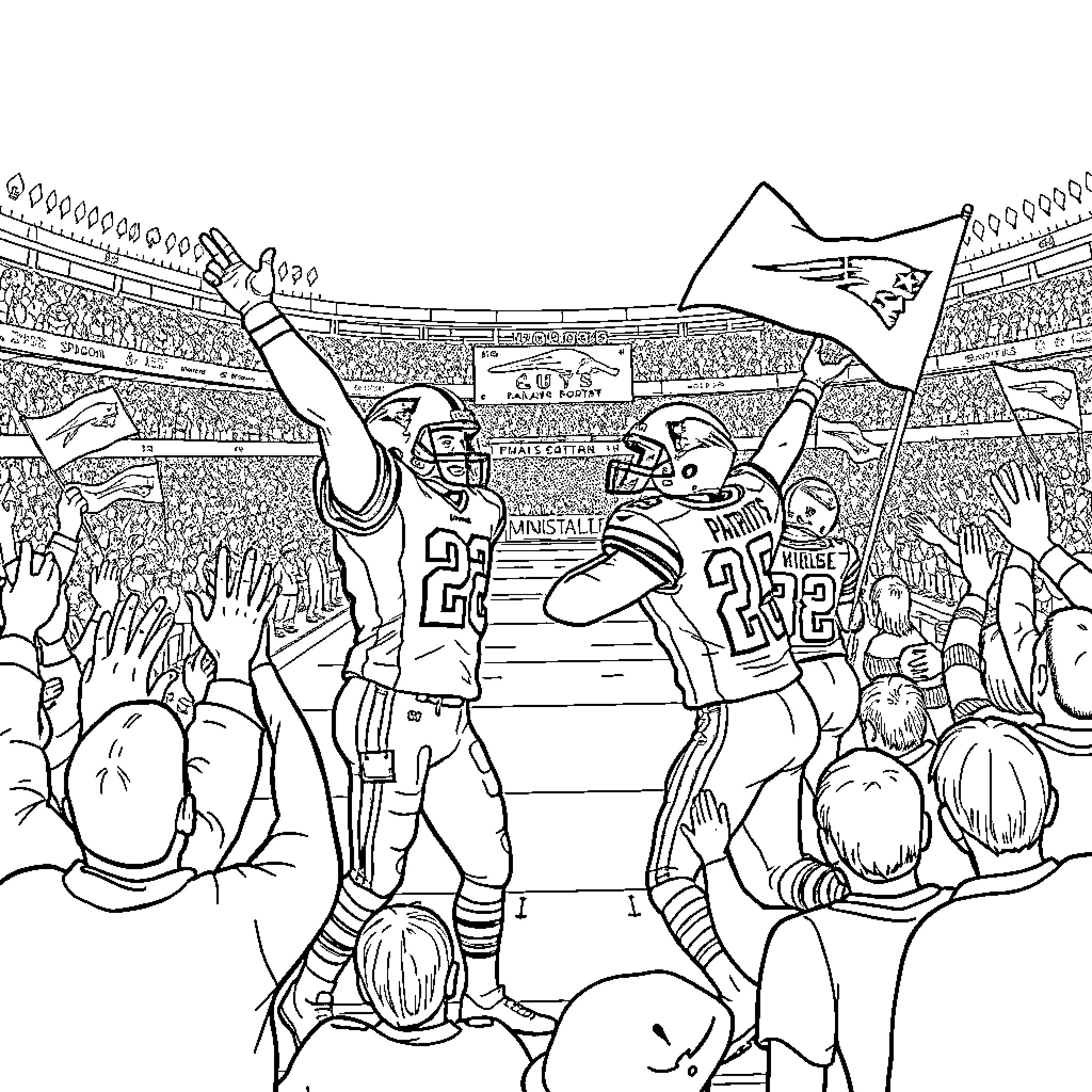 Patriots Players Celebrating Victory in the Stadium Coloring Page (free black-and-white line drawing printable PDF for all, from beginners to advanced learners, including children, teens, adults, and seniors)