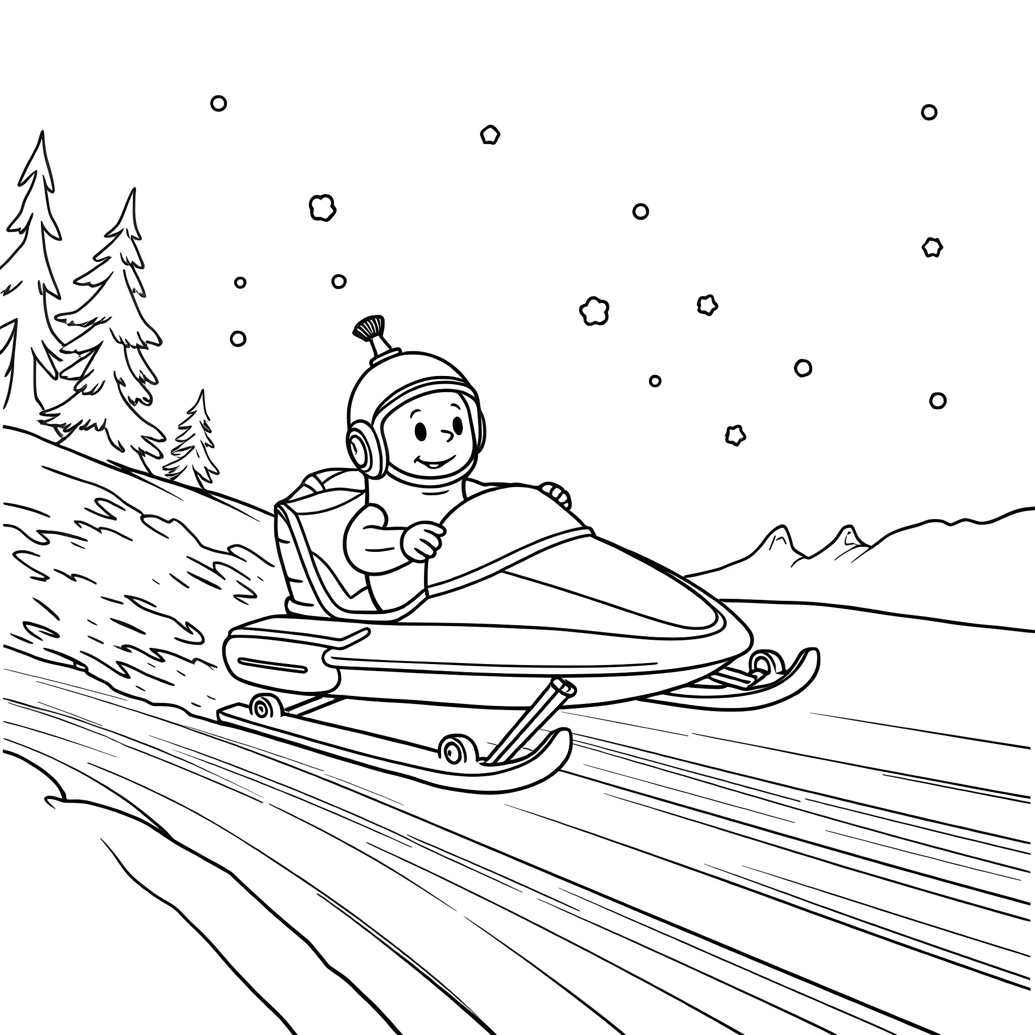 Snow Speeder Racing Through Snowy Landscape Coloring Page (free black-and-white line drawing printable PDF for all, from beginners to advanced learners, including children, teens, adults, and seniors)