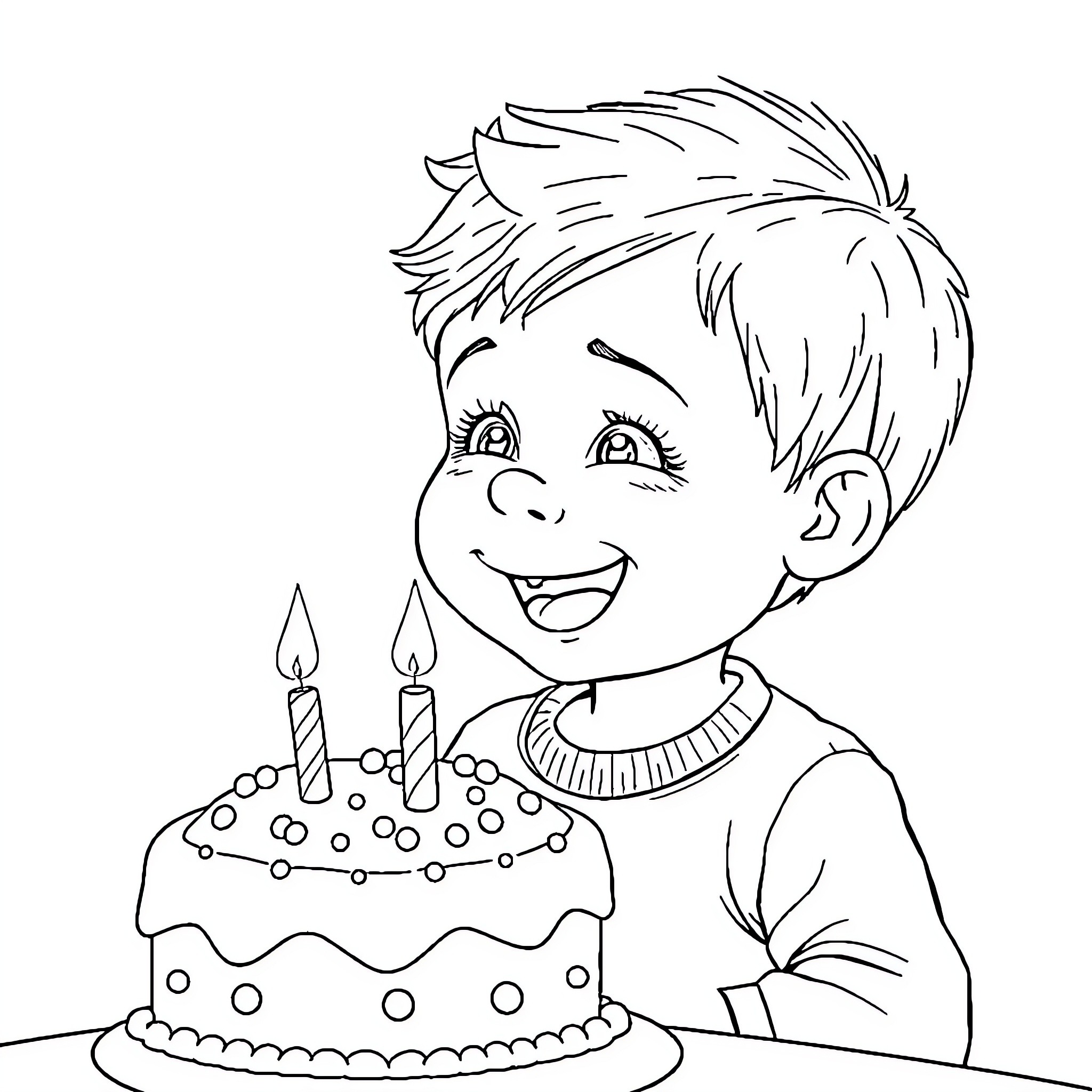 Boy delighted by birthday cake with candles Coloring Page (free black-and-white line drawing printable PDF for all, from beginners to advanced learners, including children, teens, adults, and seniors)