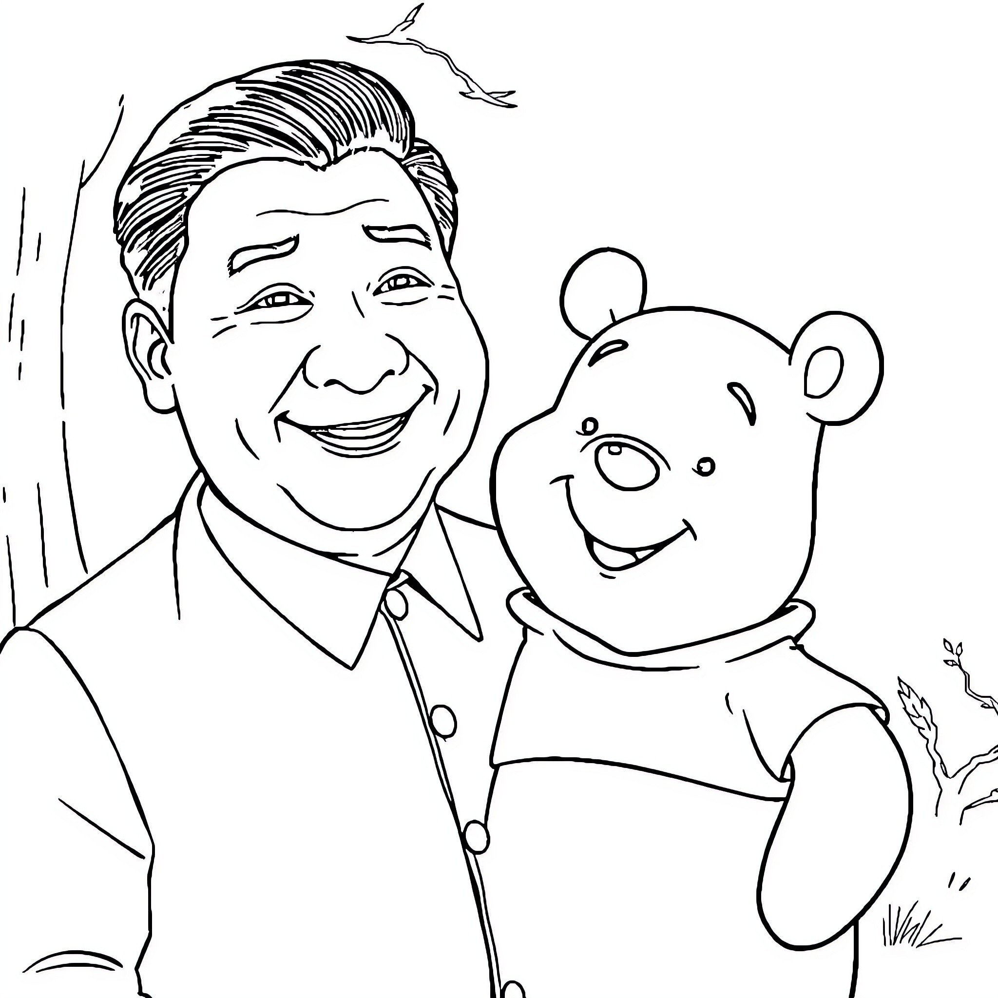 Winnie The Pooh and a smiling man in the park Coloring Page (free black-and-white line drawing printable PDF for all, from beginners to advanced learners, including children, teens, adults, and seniors)