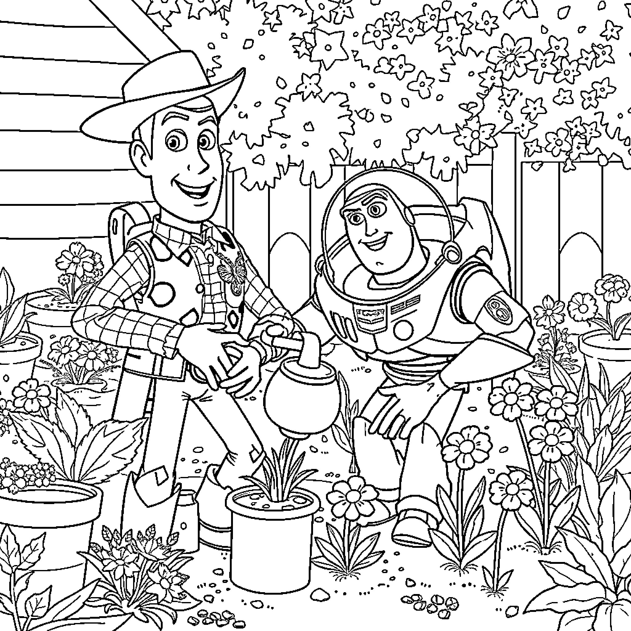 Woody and Buzz Lightyear gardening in a flowery scene Coloring Page (free black-and-white line drawing printable PDF for all, from beginners to advanced learners, including children, teens, adults, and seniors)