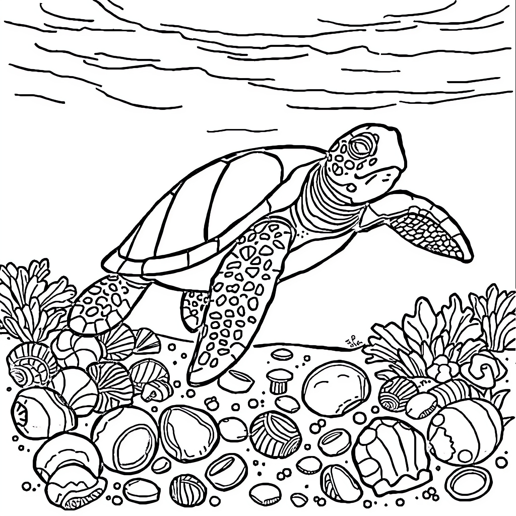 Turtle swimming among seashells and coral Coloring Page (free black-and-white line drawing printable PDF for all, from beginners to advanced learners, including children, teens, adults, and seniors)