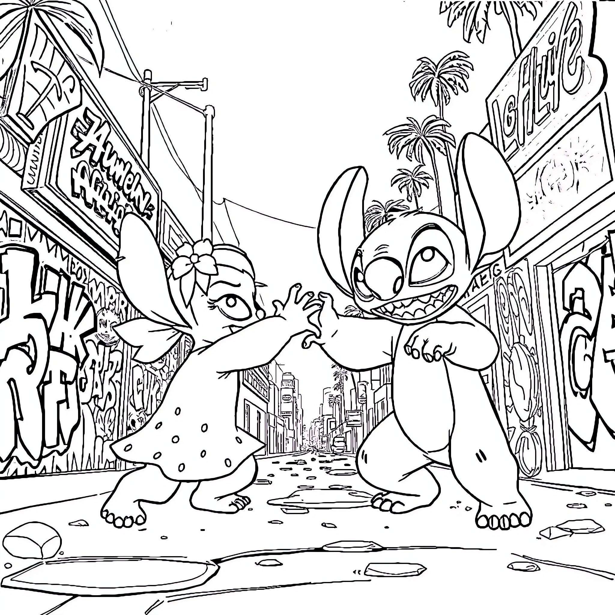 Lilo's Tropical Adventure Coloring Page (free black-and-white line drawing printable PDF for all, from beginners to advanced learners, including children, teens, adults, and seniors)