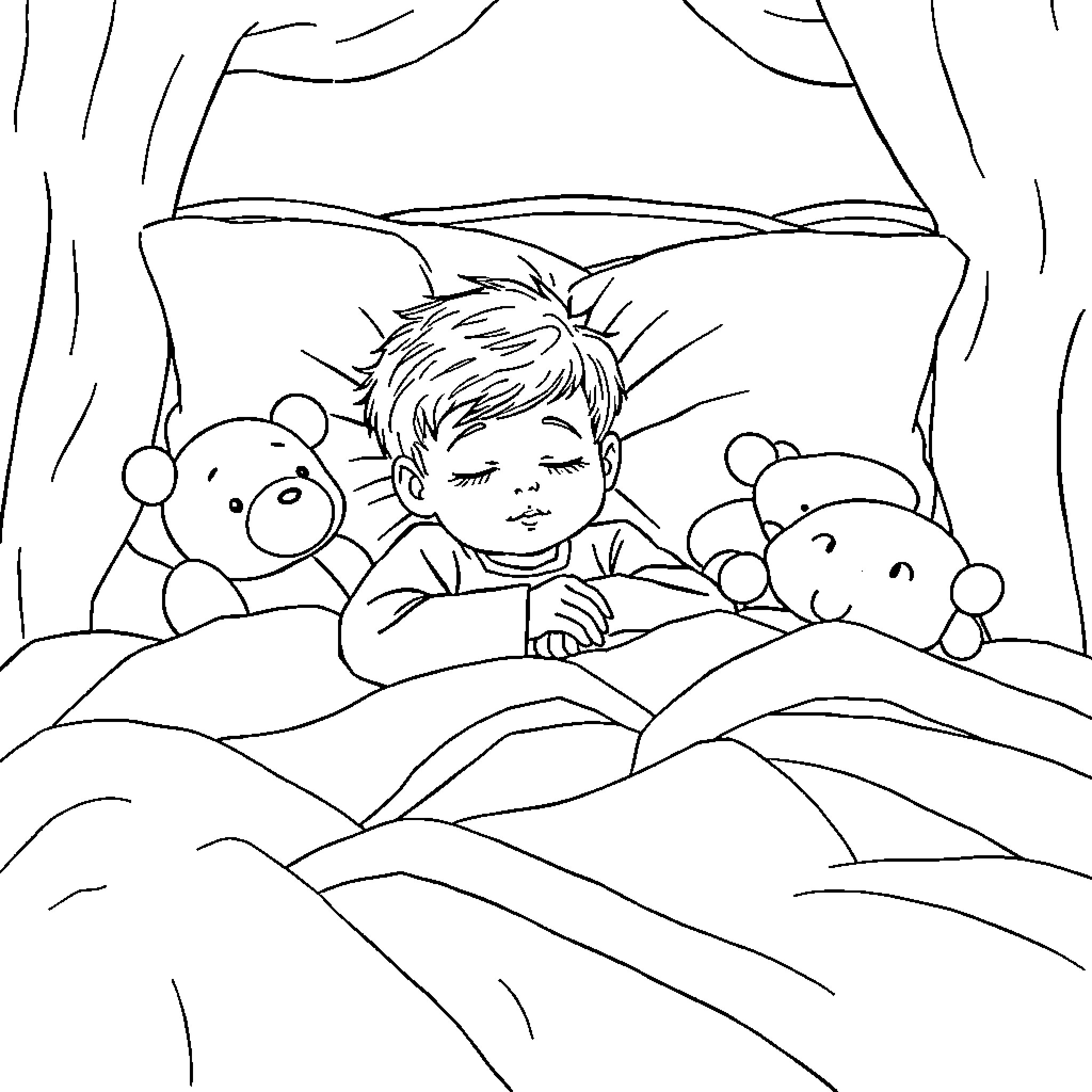 Boy sleeping peacefully with stuffed animals in bed Coloring Page (free black-and-white line drawing printable PDF for all, from beginners to advanced learners, including children, teens, adults, and seniors)