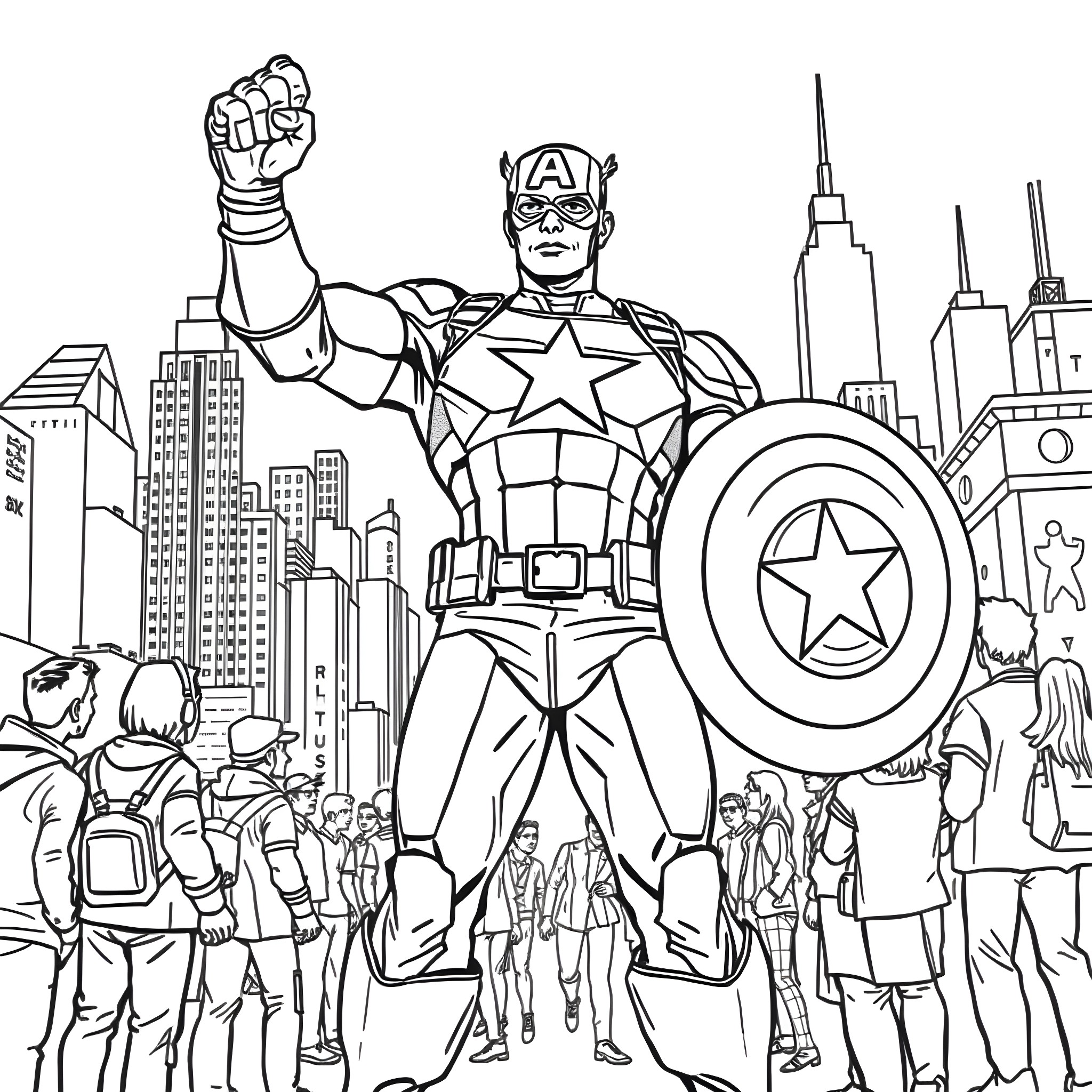 Captain America Rallying the Crowd in the City Coloring Page (free black-and-white line drawing printable PDF for all, from beginners to advanced learners, including children, teens, adults, and seniors)