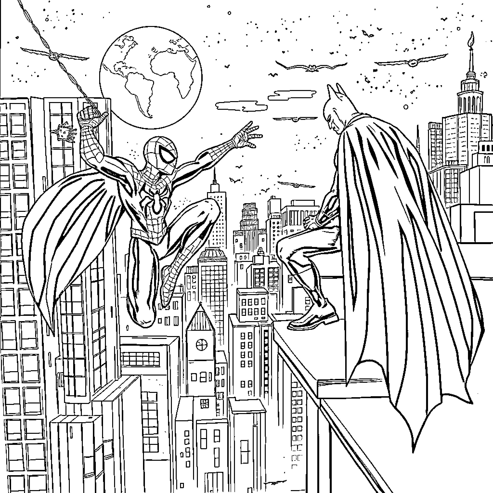 Superheroes soaring through the city skyline Coloring Page (free black-and-white line drawing printable PDF for all, from beginners to advanced learners, including children, teens, adults, and seniors)