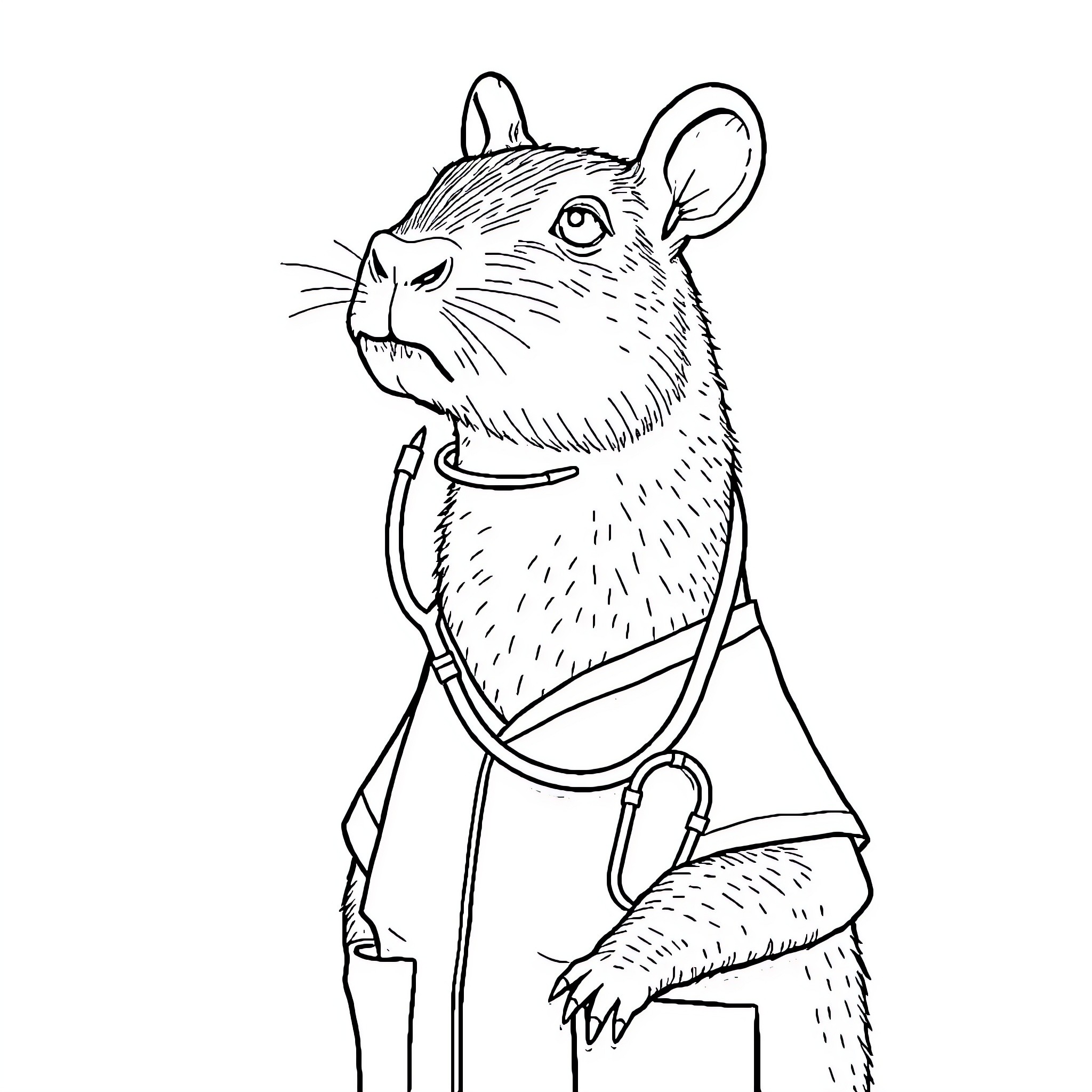 Capybara wearing doctor's coat and stethoscope Coloring Page (free black-and-white line drawing printable PDF for all, from beginners to advanced learners, including children, teens, adults, and seniors)