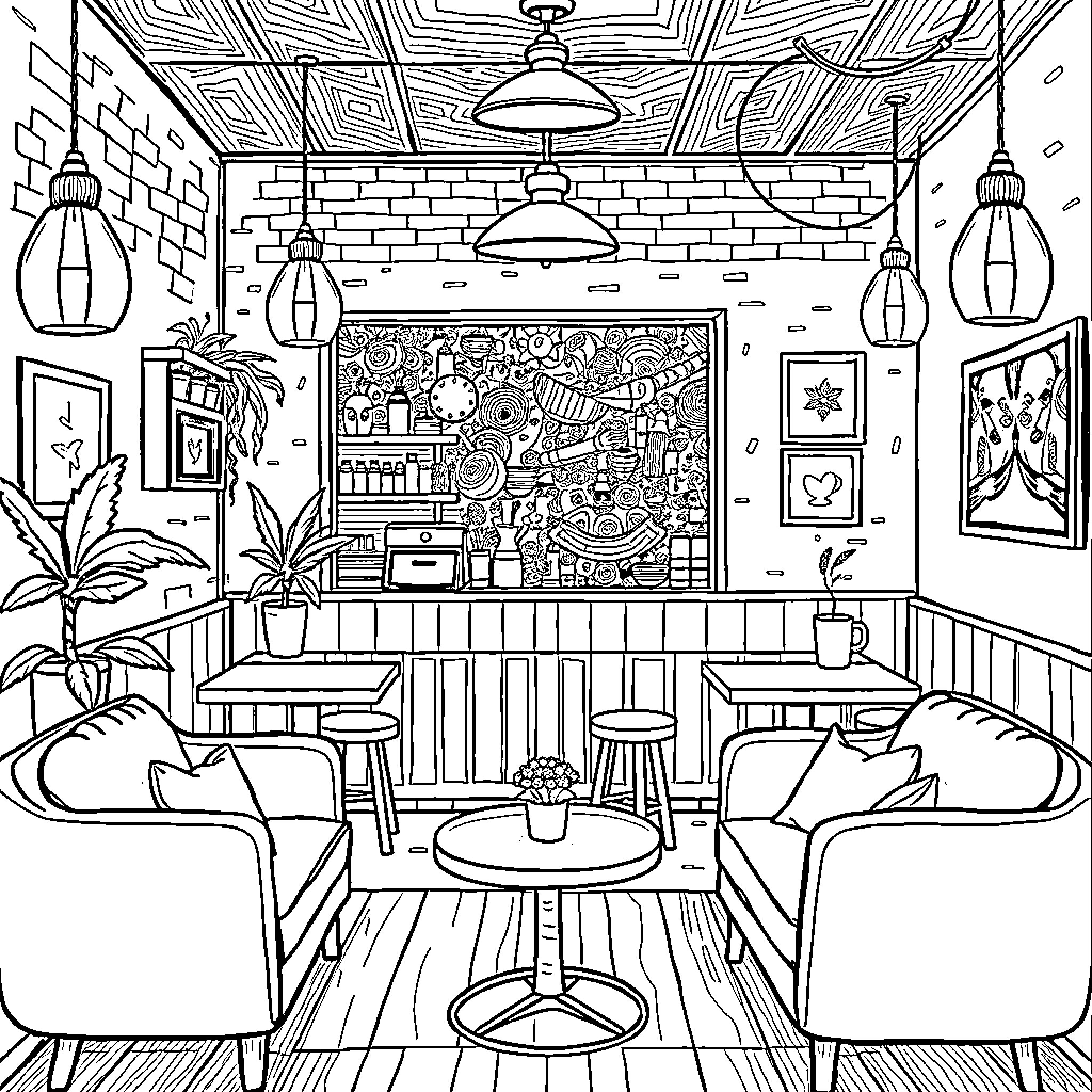 GSP Cozy Cafe Interior with Artful Decor Coloring Page (free black-and-white line drawing printable PDF for all, from beginners to advanced learners, including children, teens, adults, and seniors)