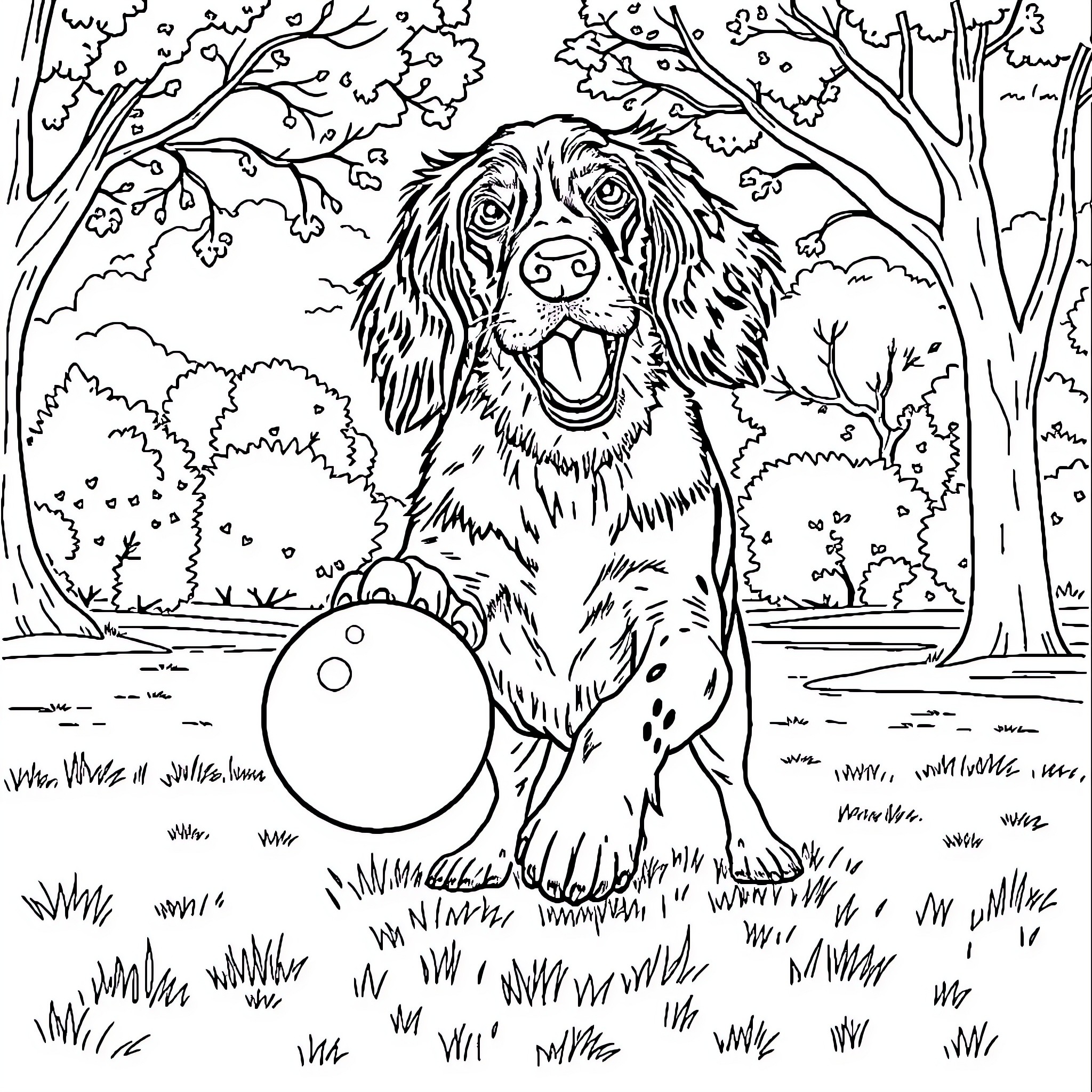 Setter Playing Joyfully in the Forest Coloring Page (free black-and-white line drawing printable PDF for all, from beginners to advanced learners, including children, teens, adults, and seniors)