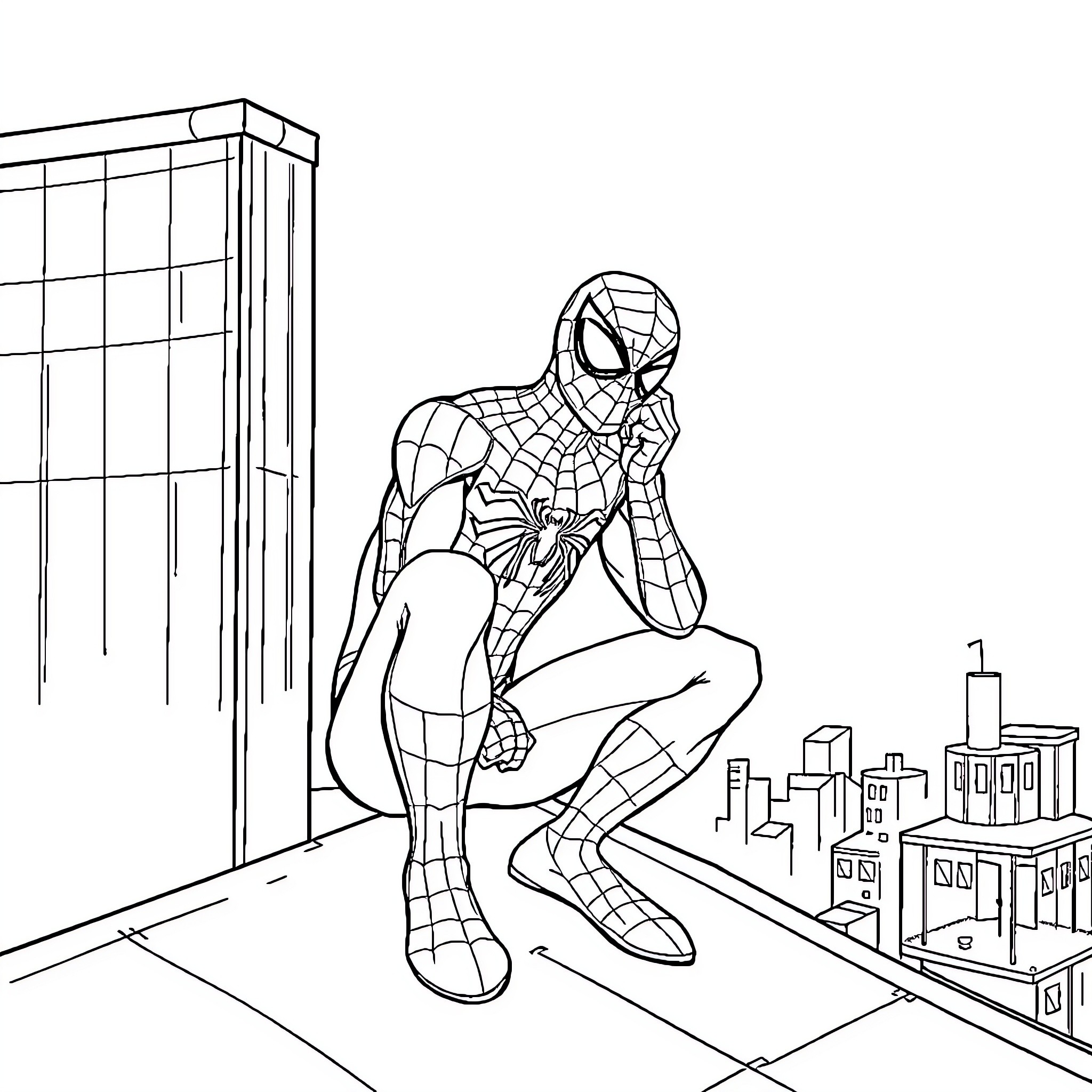 Spiderman crouching on city rooftop Coloring Page (free black-and-white line drawing printable PDF for all, from beginners to advanced learners, including children, teens, adults, and seniors)