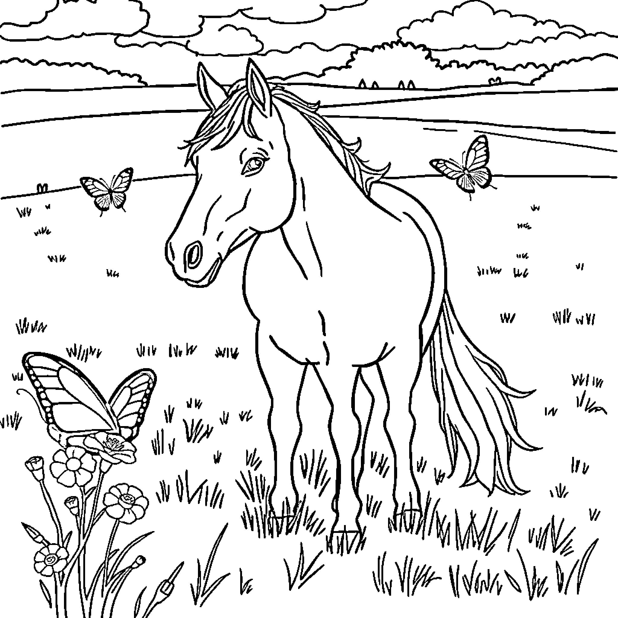 Horse grazing peacefully in a scenic field Coloring Page (free black-and-white line drawing printable PDF for all, from beginners to advanced learners, including children, teens, adults, and seniors)
