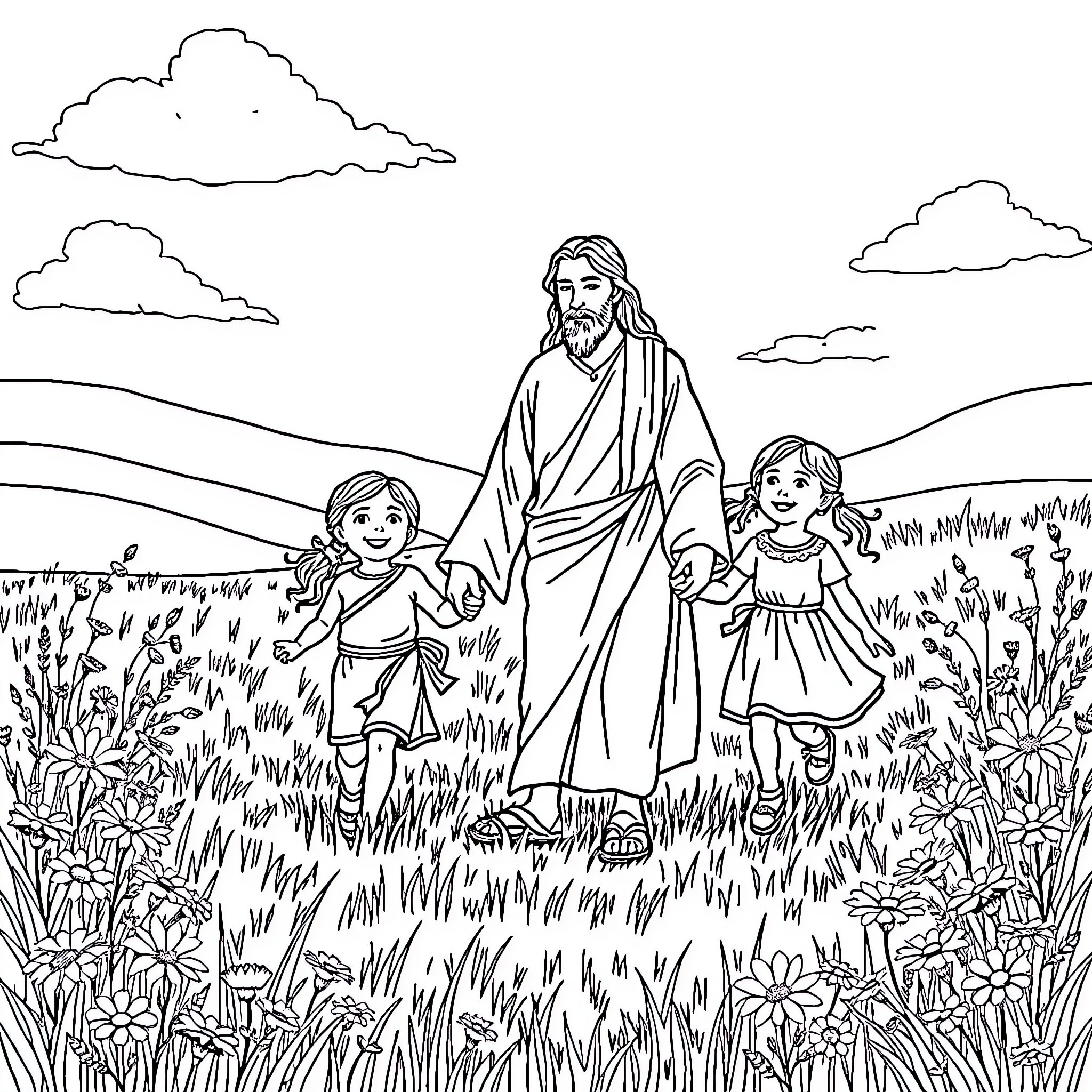 Jesus walking with children in a field Coloring Page (free black-and-white line drawing printable PDF for all, from beginners to advanced learners, including children, teens, adults, and seniors)