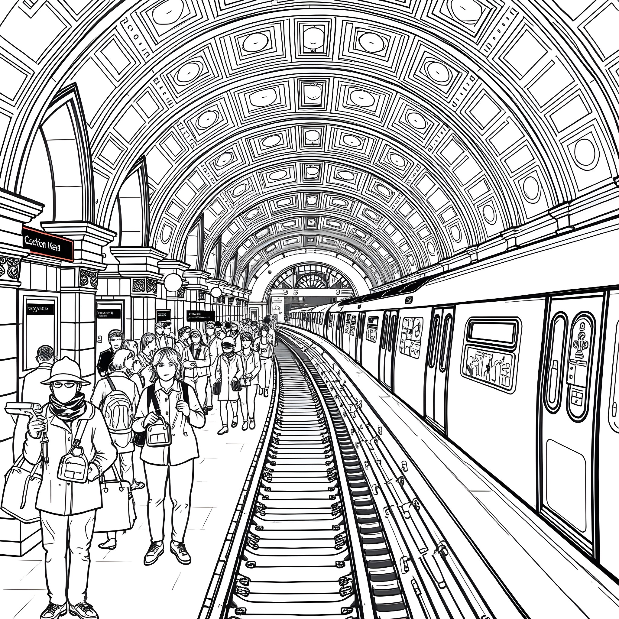 London Underground: Bustling Commuters and Subway Trains Coloring Page (free black-and-white line drawing printable PDF for all, from beginners to advanced learners, including children, teens, adults, and seniors)