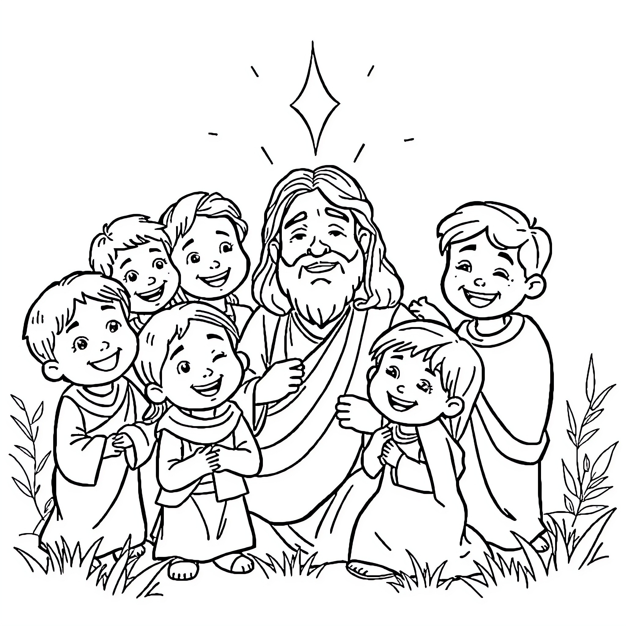 Jesus Surrounded by Joyful Children Coloring Page (free black-and-white line drawing printable PDF for all, from beginners to advanced learners, including children, teens, adults, and seniors)
