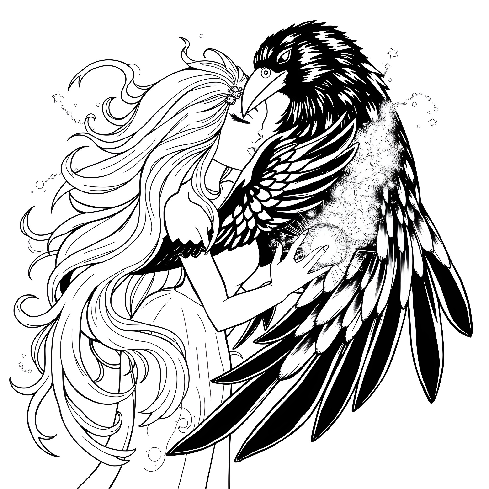 Starfire - Majestic winged warrior in flight Coloring Page (free black-and-white line drawing printable PDF for all, from beginners to advanced learners, including children, teens, adults, and seniors)