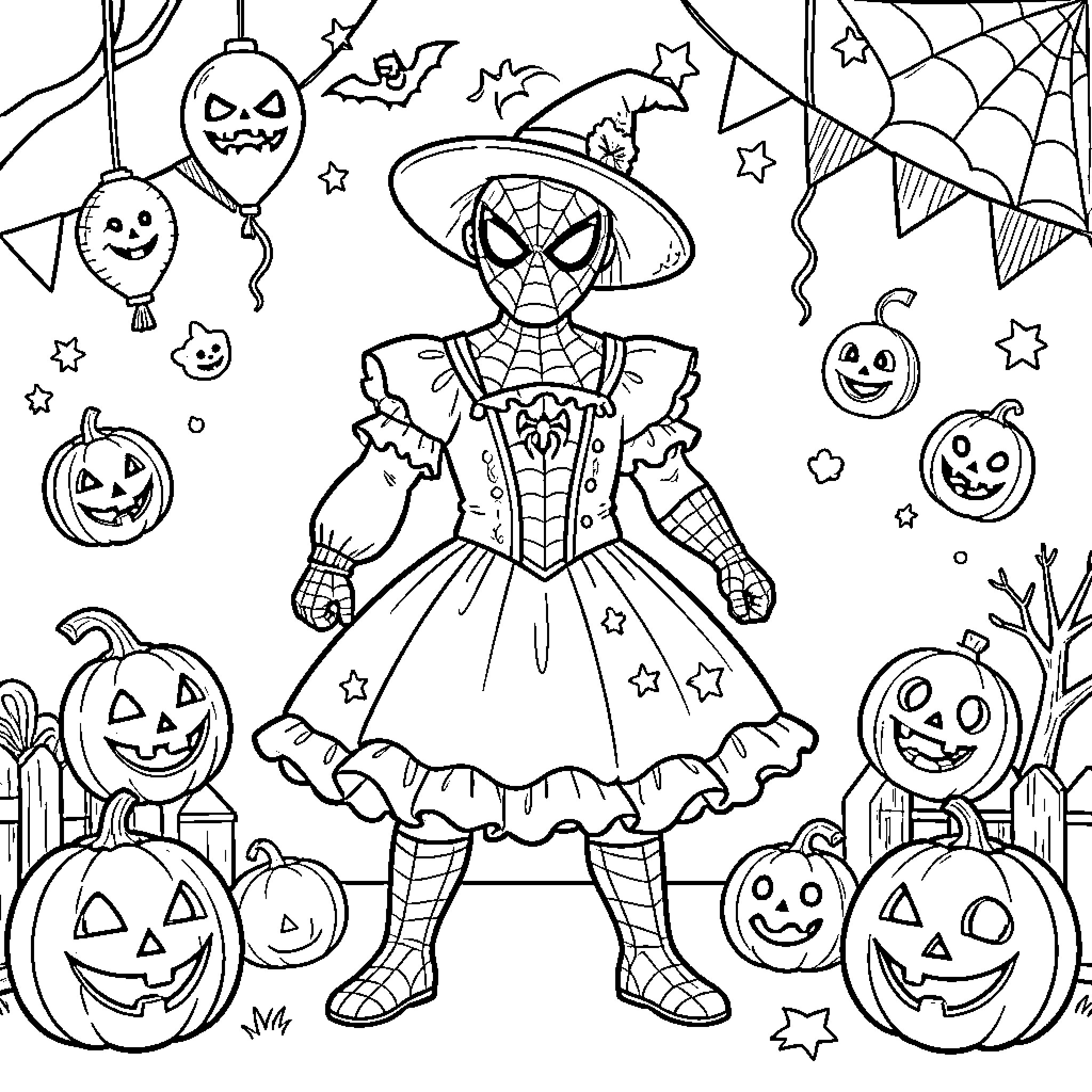 Spider-Man wearing a witch costume surrounded by pumpkins Coloring Page (free black-and-white line drawing printable PDF for all, from beginners to advanced learners, including children, teens, adults, and seniors)