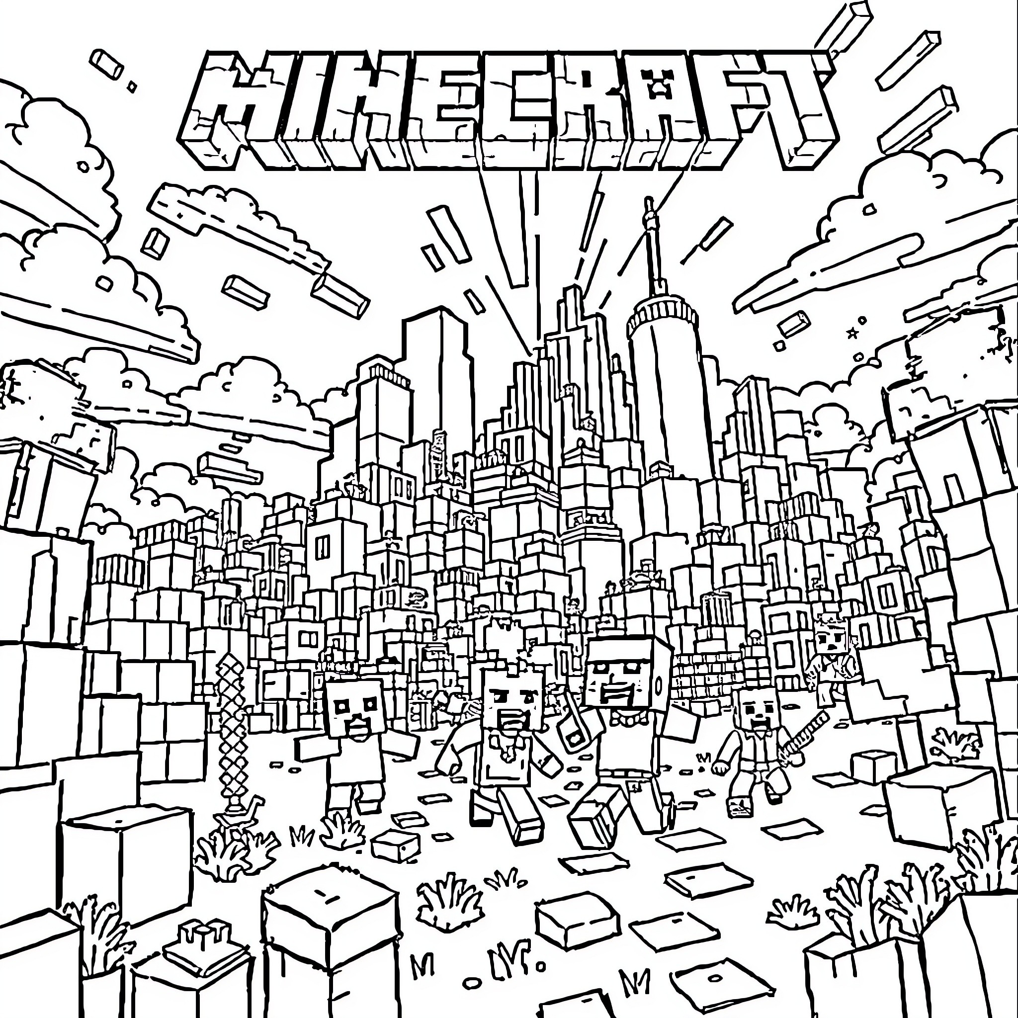 Minecraft Cityscape with Explosions and Characters Coloring Page (free black-and-white line drawing printable PDF for all, from beginners to advanced learners, including children, teens, adults, and seniors)