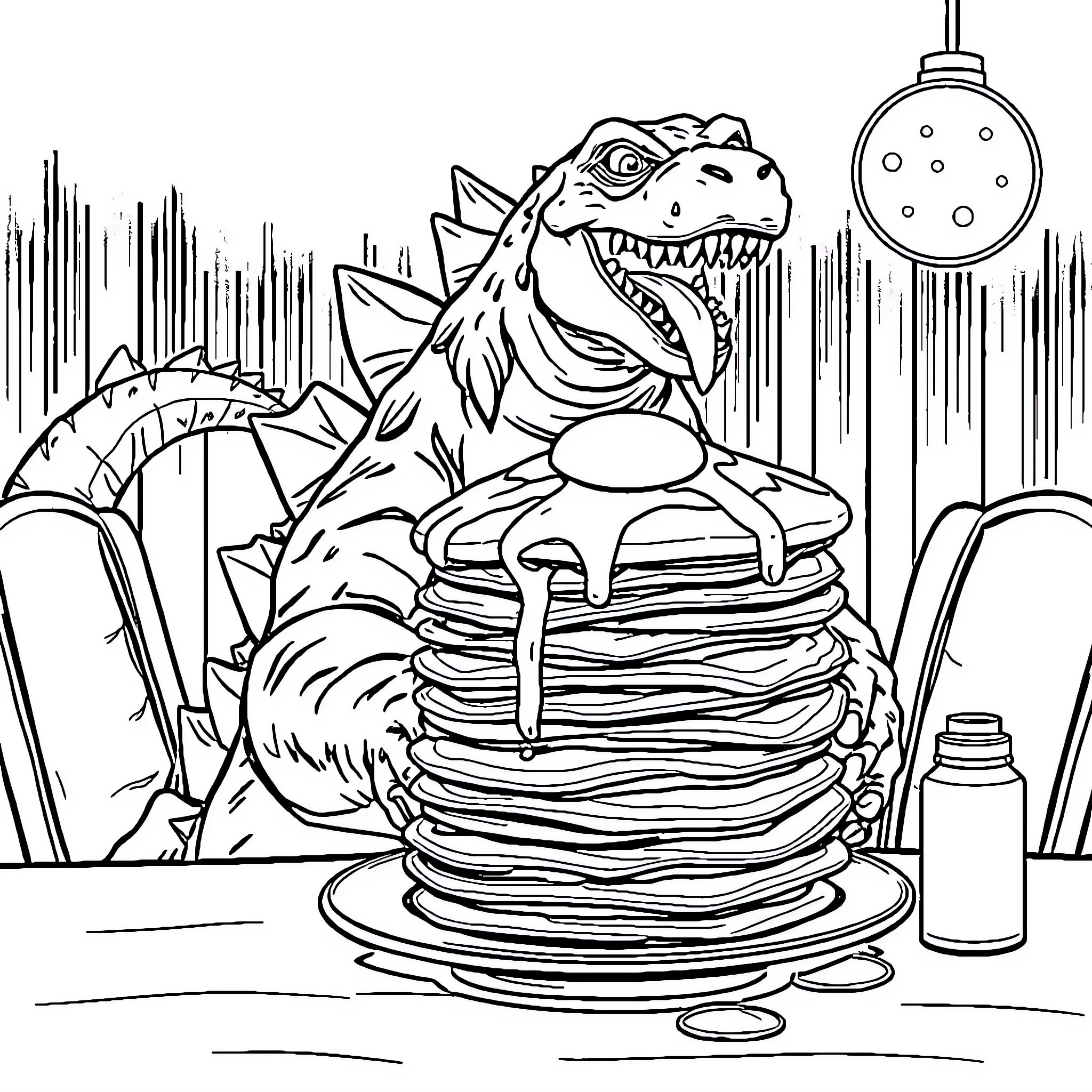 Godzilla enjoying a stack of pancakes Coloring Page (free black-and-white line drawing printable PDF for all, from beginners to advanced learners, including children, teens, adults, and seniors)