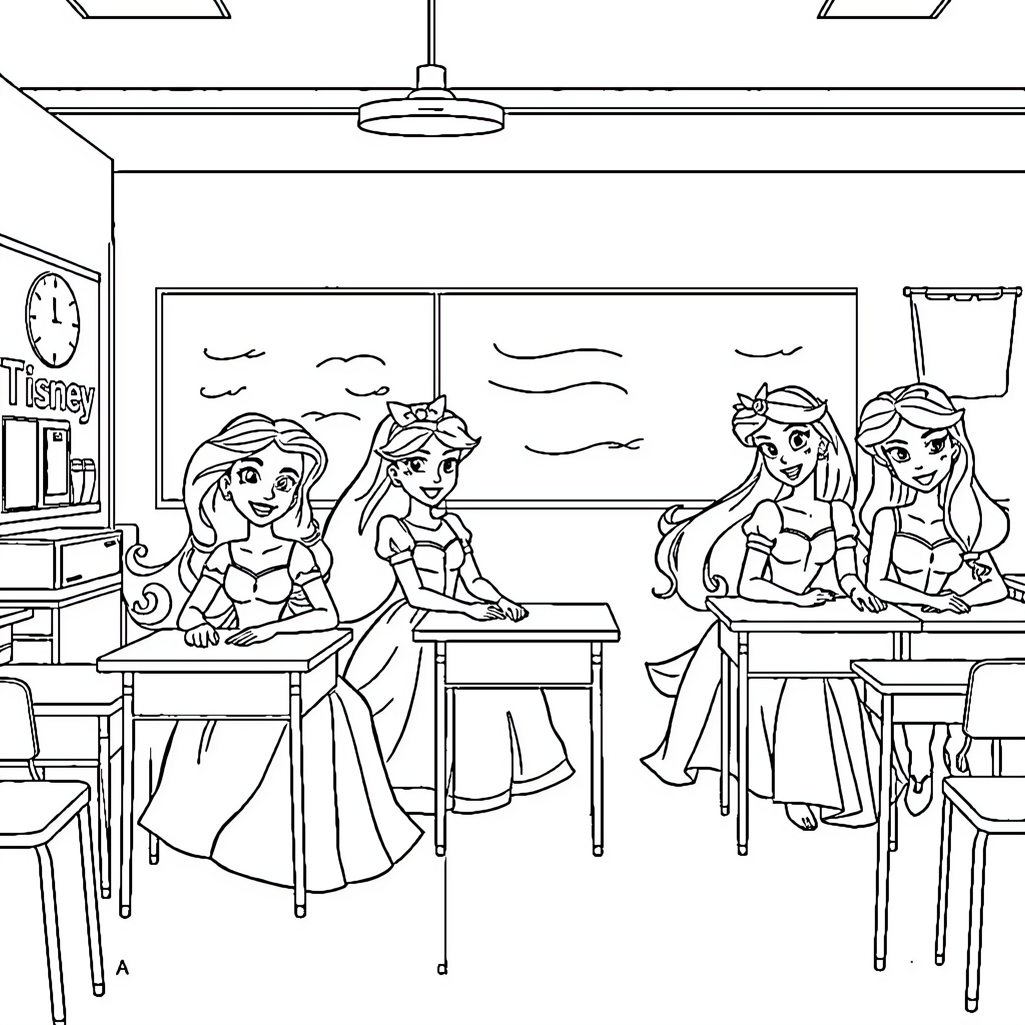 Princess Students Learn in the Classroom Coloring Page (free black-and-white line drawing printable PDF for all, from beginners to advanced learners, including children, teens, adults, and seniors)