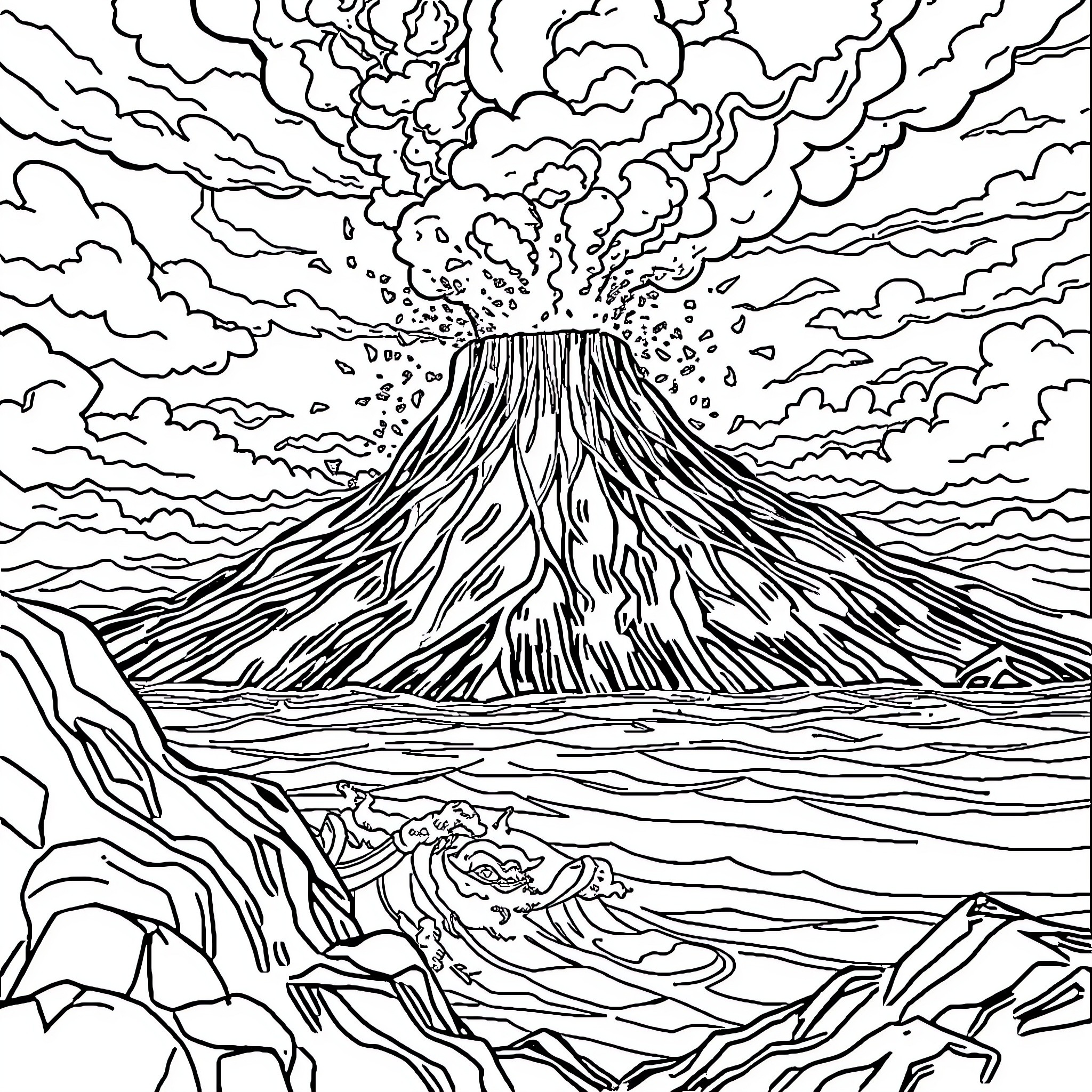 Volcano erupting with dramatic clouds and landscape Coloring Page (free black-and-white line drawing printable PDF for all, from beginners to advanced learners, including children, teens, adults, and seniors)