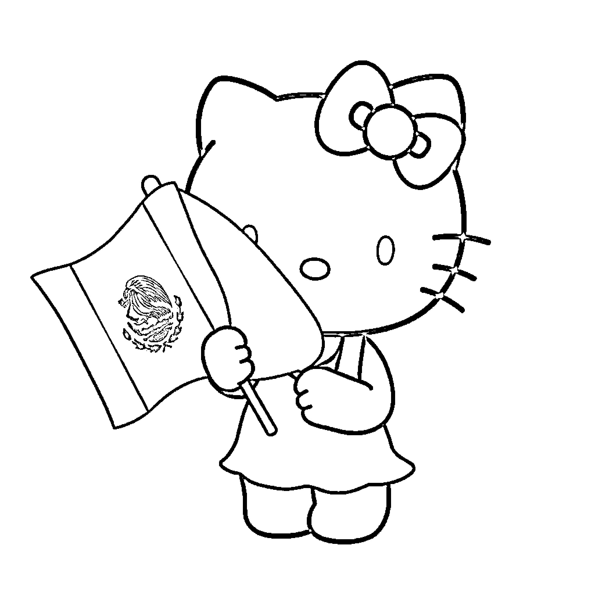 Hello Kitty Holding a Flag Coloring Page (free black-and-white line drawing printable PDF for all, from beginners to advanced learners, including children, teens, adults, and seniors)