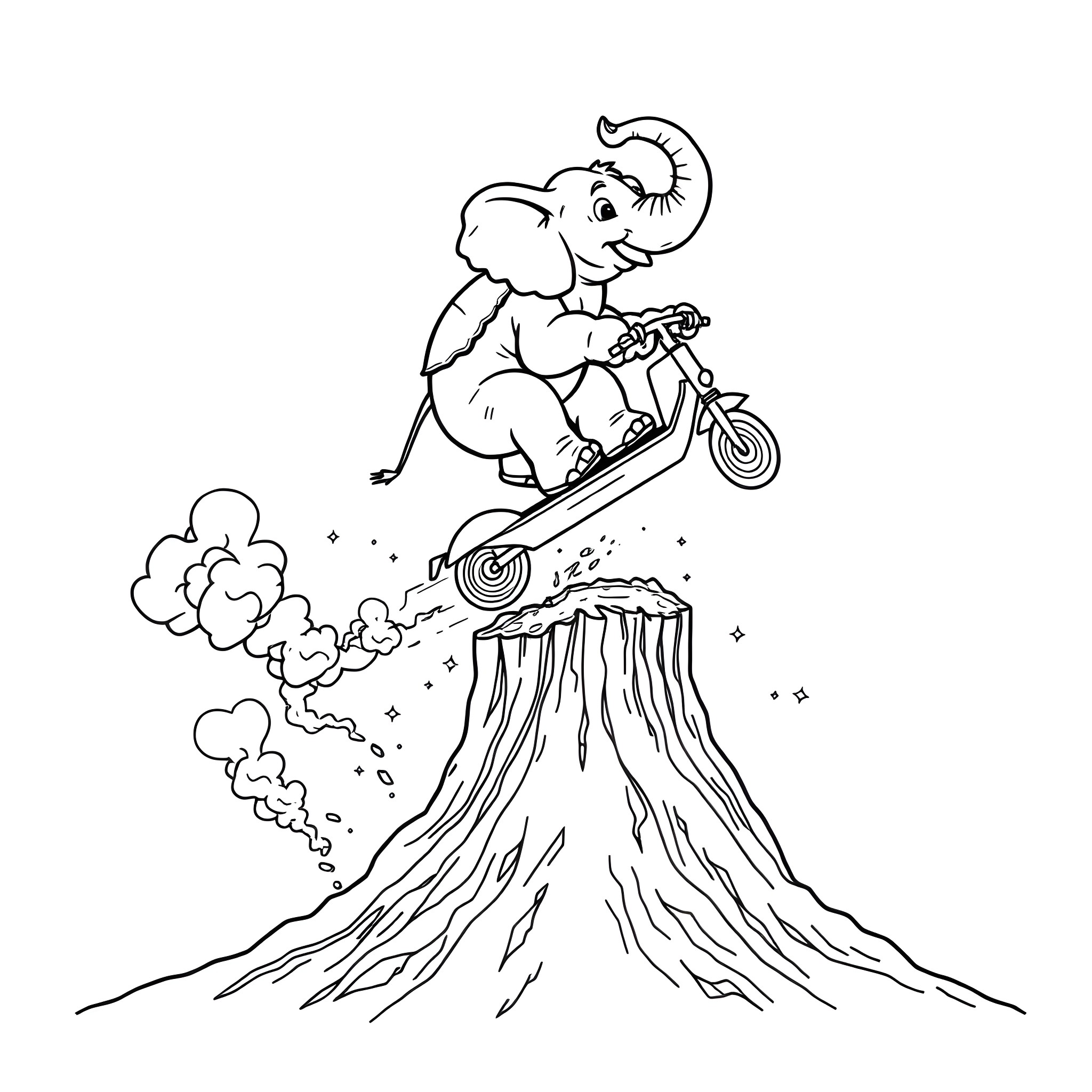 Elephant riding a motorcycle over a volcano Coloring Page (free black-and-white line drawing printable PDF for all, from beginners to advanced learners, including children, teens, adults, and seniors)