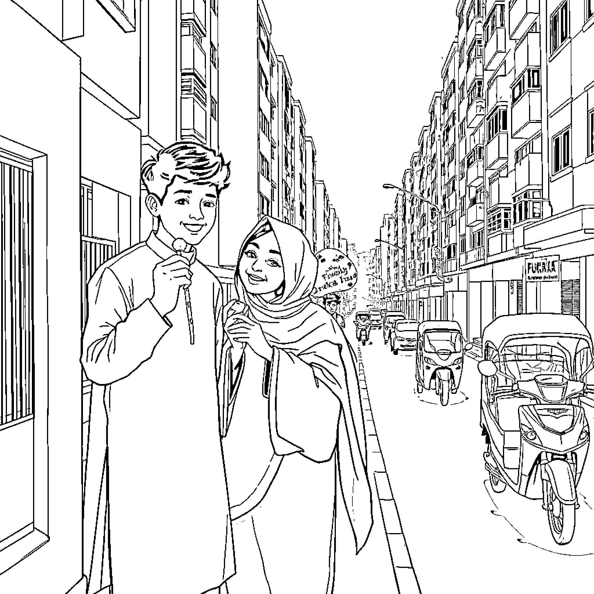 Couple enjoying a city outing together Coloring Page (free black-and-white line drawing printable PDF for all, from beginners to advanced learners, including children, teens, adults, and seniors)