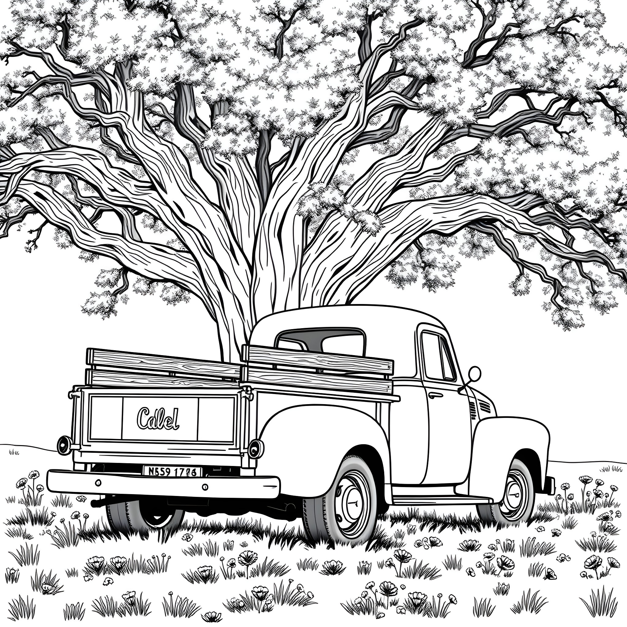 Truck Parked Under Twisted Oak Tree in Field Coloring Page (free black-and-white line drawing printable PDF for all, from beginners to advanced learners, including children, teens, adults, and seniors)