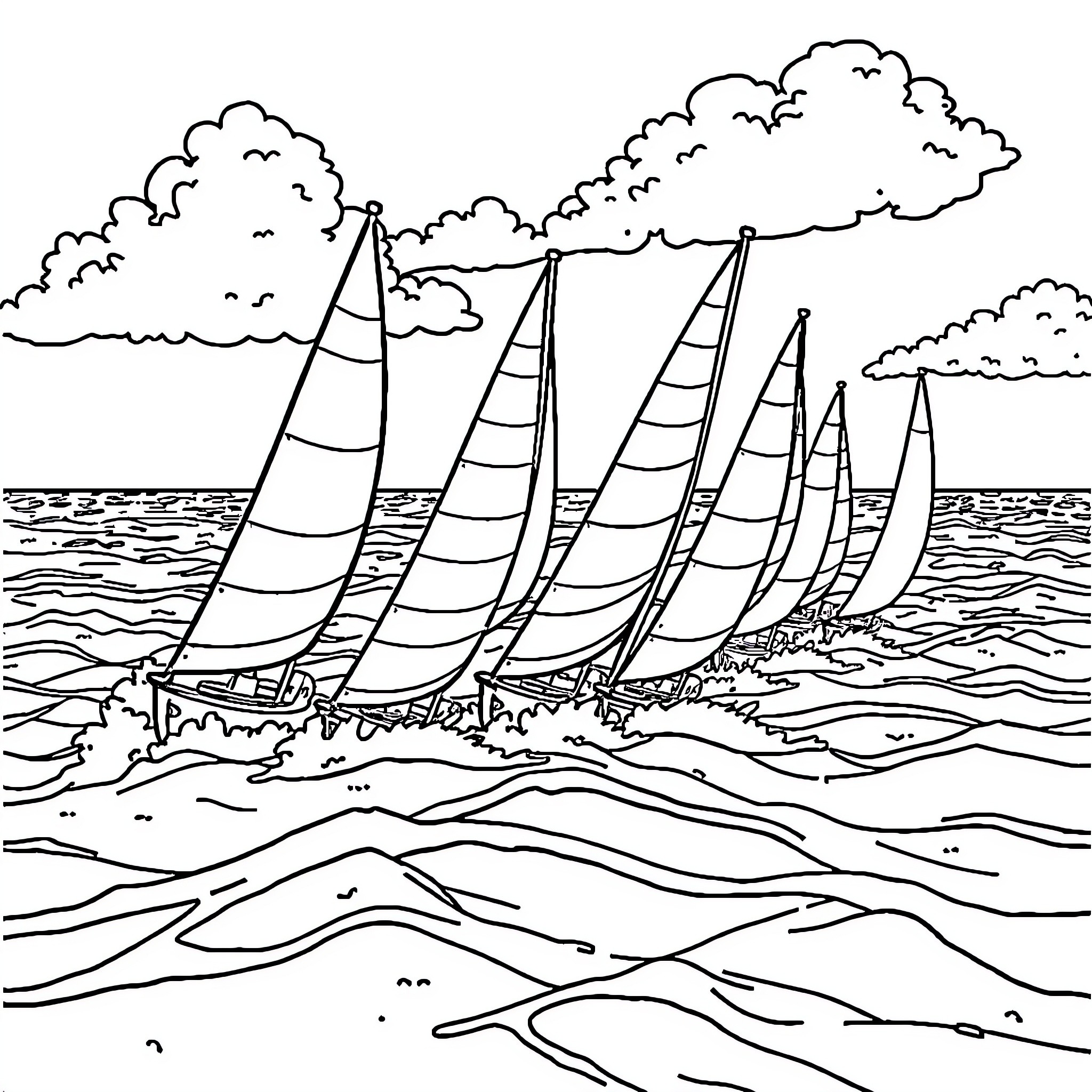 Sailboat race on a windy day Coloring Page (free black-and-white line drawing printable PDF for all, from beginners to advanced learners, including children, teens, adults, and seniors)