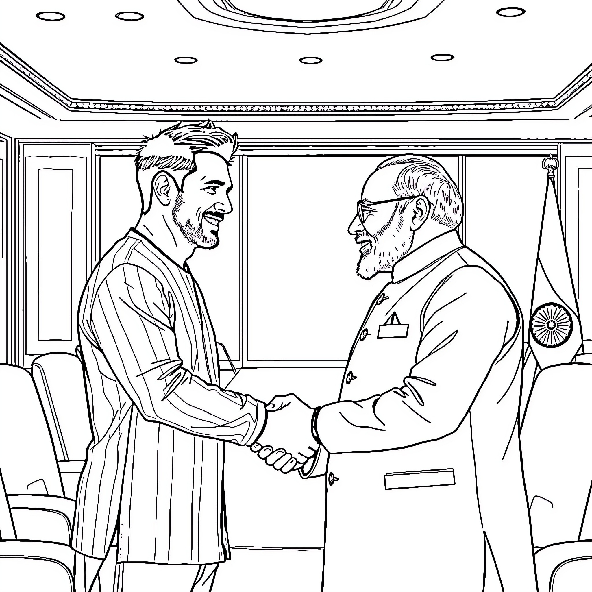 Messi shaking hands with distinguished gentleman in formal setting Coloring Page (free black-and-white line drawing printable PDF for all, from beginners to advanced learners, including children, teens, adults, and seniors)