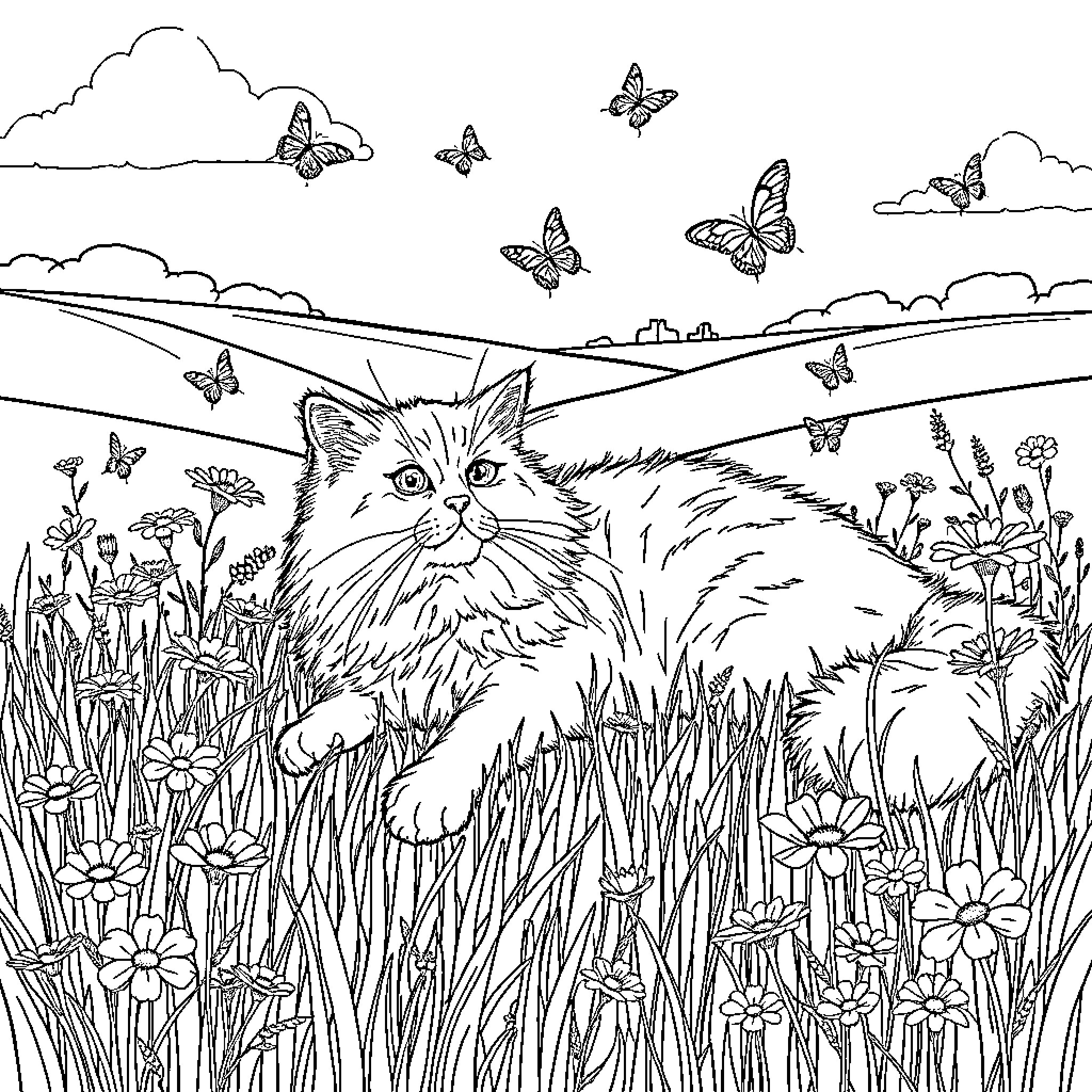 Cat in a meadow with butterflies Coloring Page (free black-and-white line drawing printable PDF for all, from beginners to advanced learners, including children, teens, adults, and seniors)