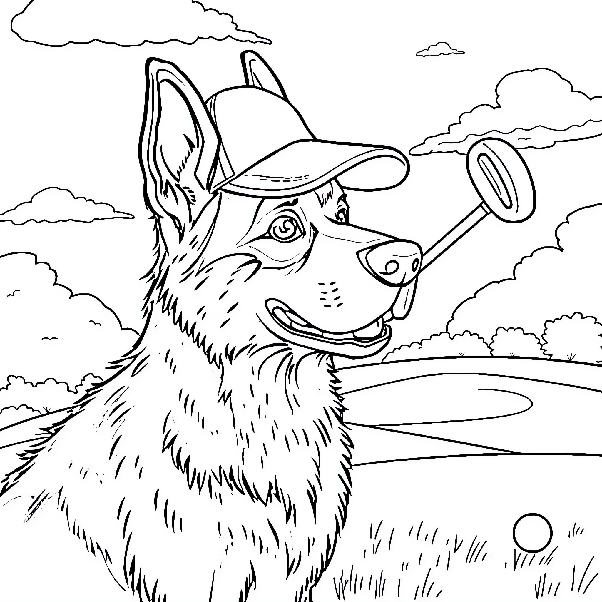 German Shepherd playing with magnifying glass in the park Coloring Page (free black-and-white line drawing printable PDF for all, from beginners to advanced learners, including children, teens, adults, and seniors)
