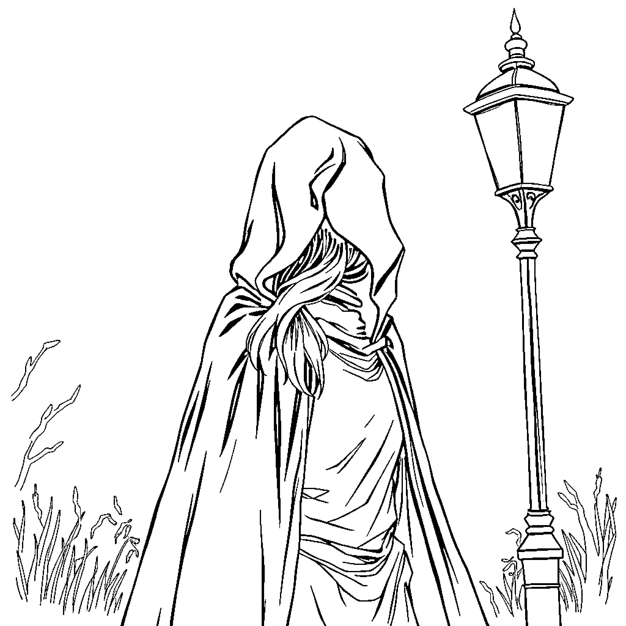 Woman in hooded cloak walking at night Coloring Page (free black-and-white line drawing printable PDF for all, from beginners to advanced learners, including children, teens, adults, and seniors)