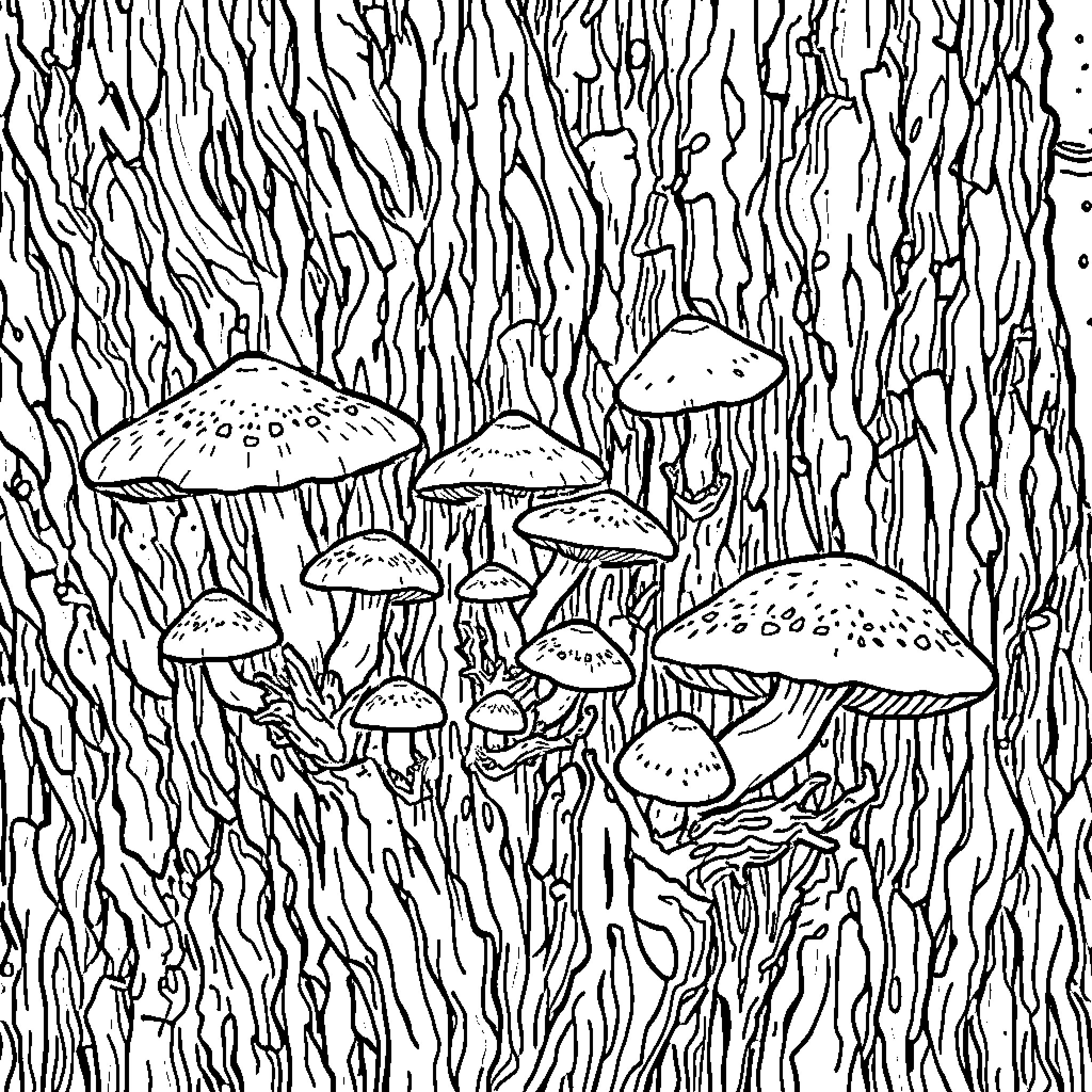 Mushroom Forest Wilderness Coloring Page (free black-and-white line drawing printable PDF for all, from beginners to advanced learners, including children, teens, adults, and seniors)
