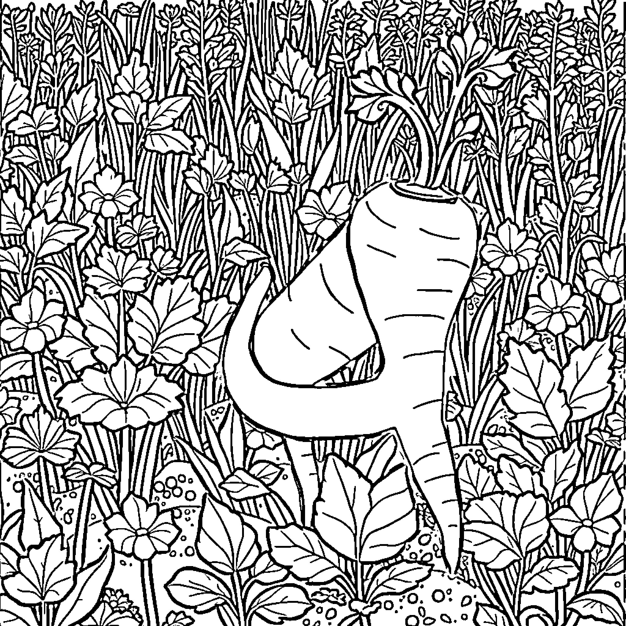 Carrot hidden in the lush floral garden Coloring Page (free black-and-white line drawing printable PDF for all, from beginners to advanced learners, including children, teens, adults, and seniors)