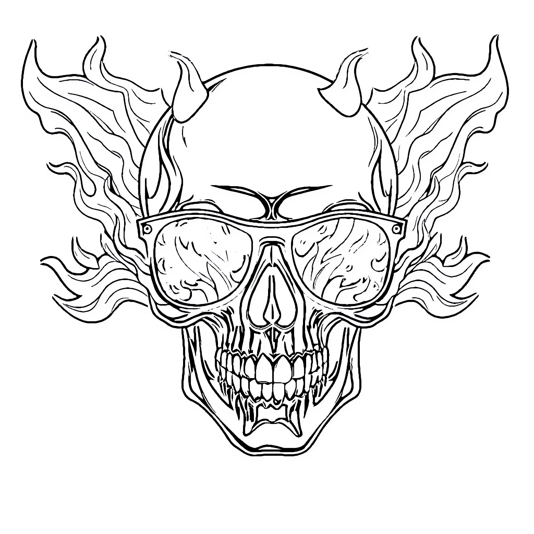 Calavera wearing sunglasses with fiery flames Coloring Page (free black-and-white line drawing printable PDF for all, from beginners to advanced learners, including children, teens, adults, and seniors)