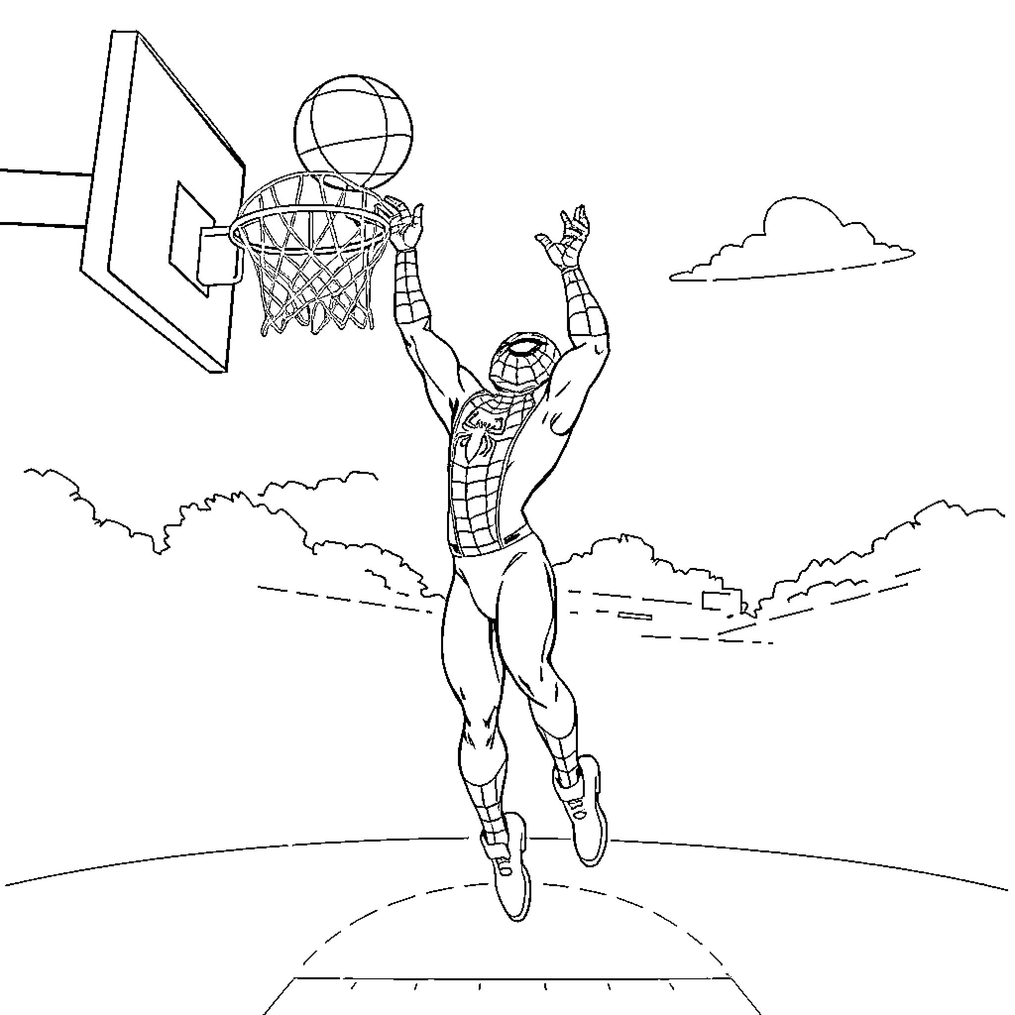 Spiderman dunking a basketball in the clouds Coloring Page (free black-and-white line drawing printable PDF for all, from beginners to advanced learners, including children, teens, adults, and seniors)