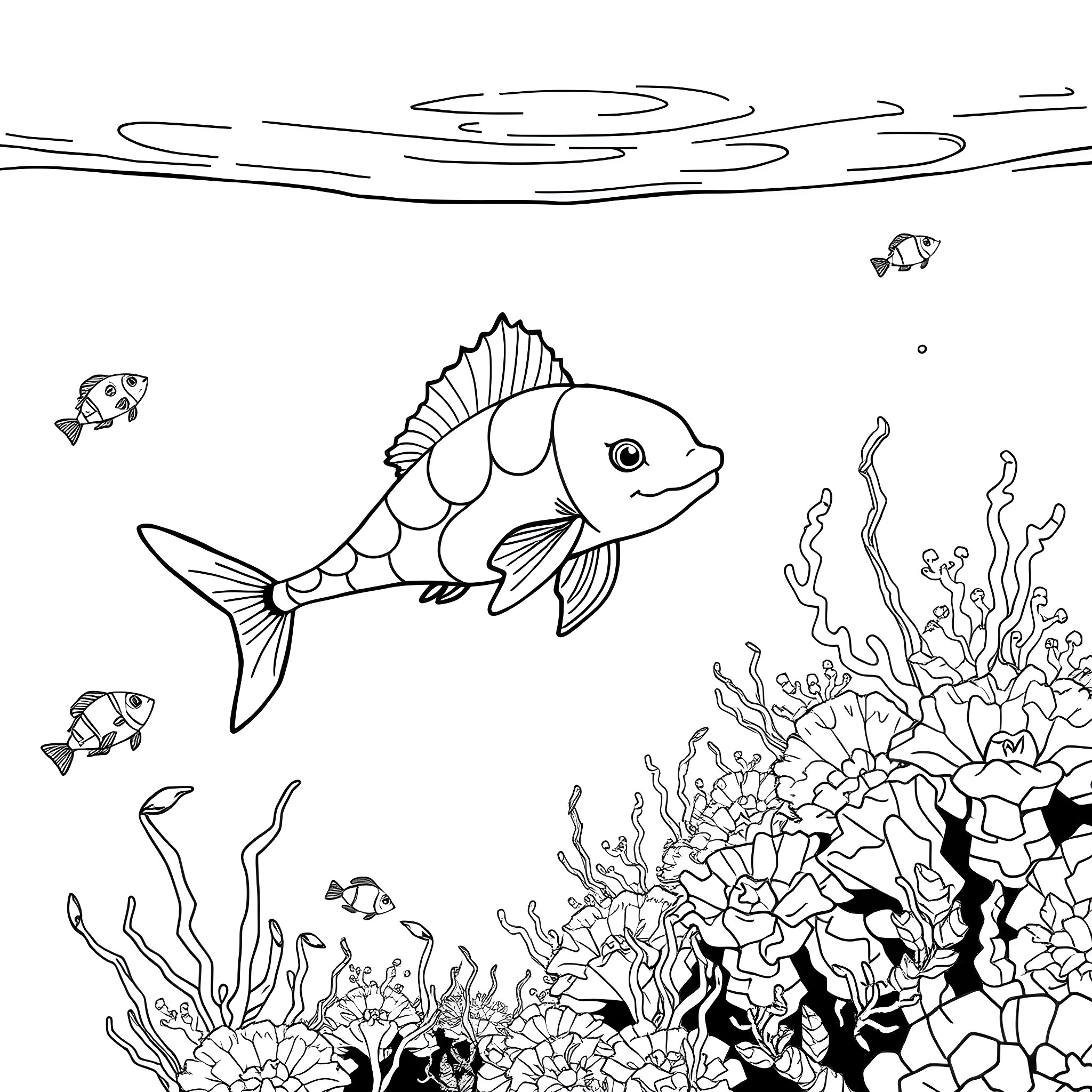 Adorabilis fish swimming in the coral reef Coloring Page (free black-and-white line drawing printable PDF for all, from beginners to advanced learners, including children, teens, adults, and seniors)