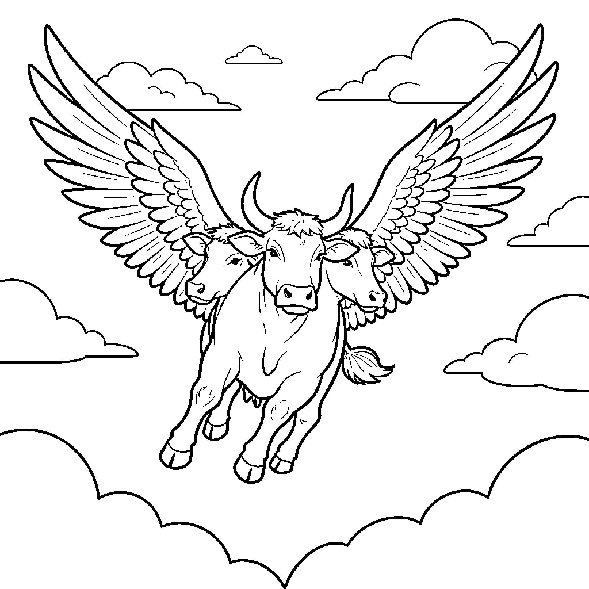Cow with large wings flying through the clouds Coloring Page (free black-and-white line drawing printable PDF for all, from beginners to advanced learners, including children, teens, adults, and seniors)