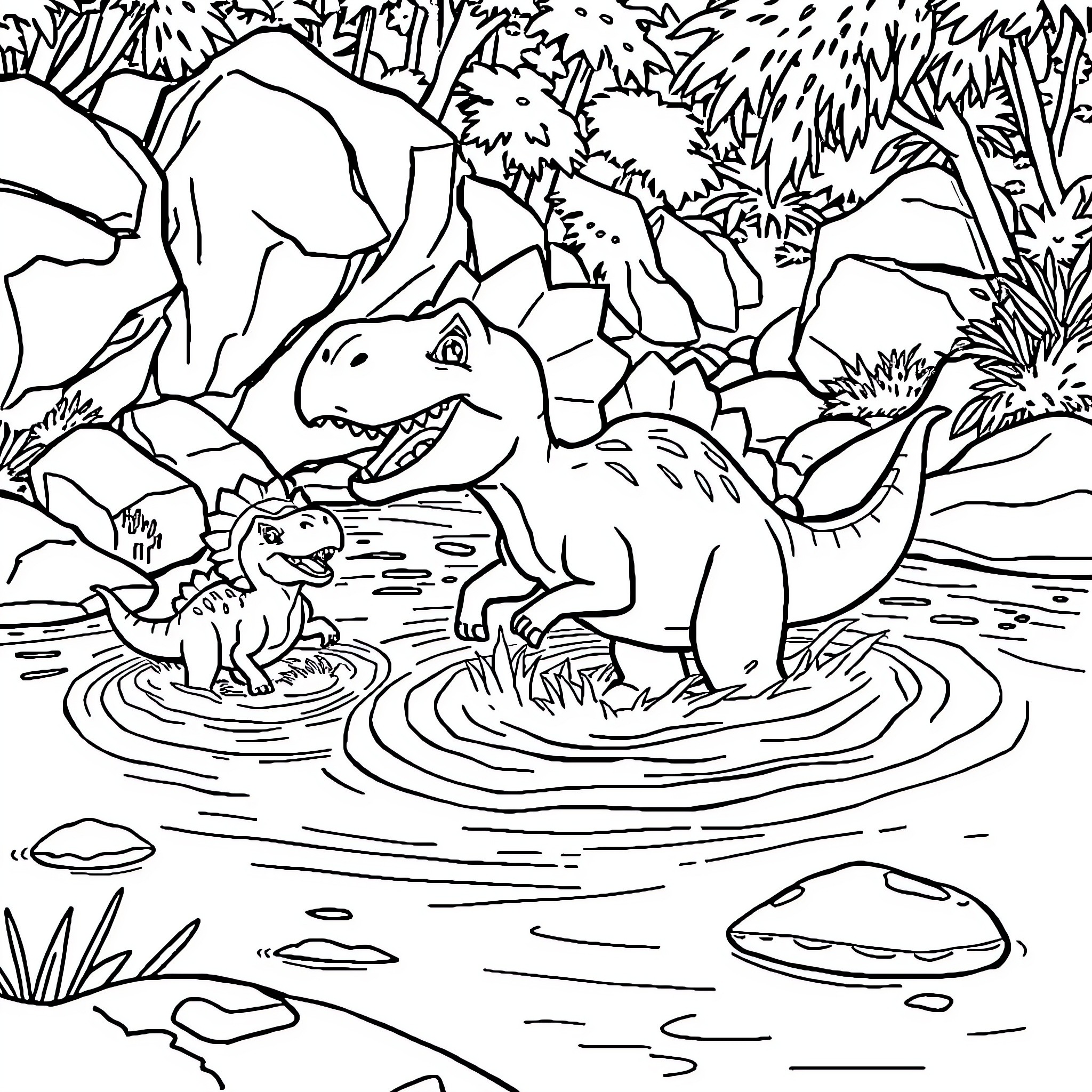 Triceratops playing in the prehistoric river Coloring Page (free black-and-white line drawing printable PDF for all, from beginners to advanced learners, including children, teens, adults, and seniors)