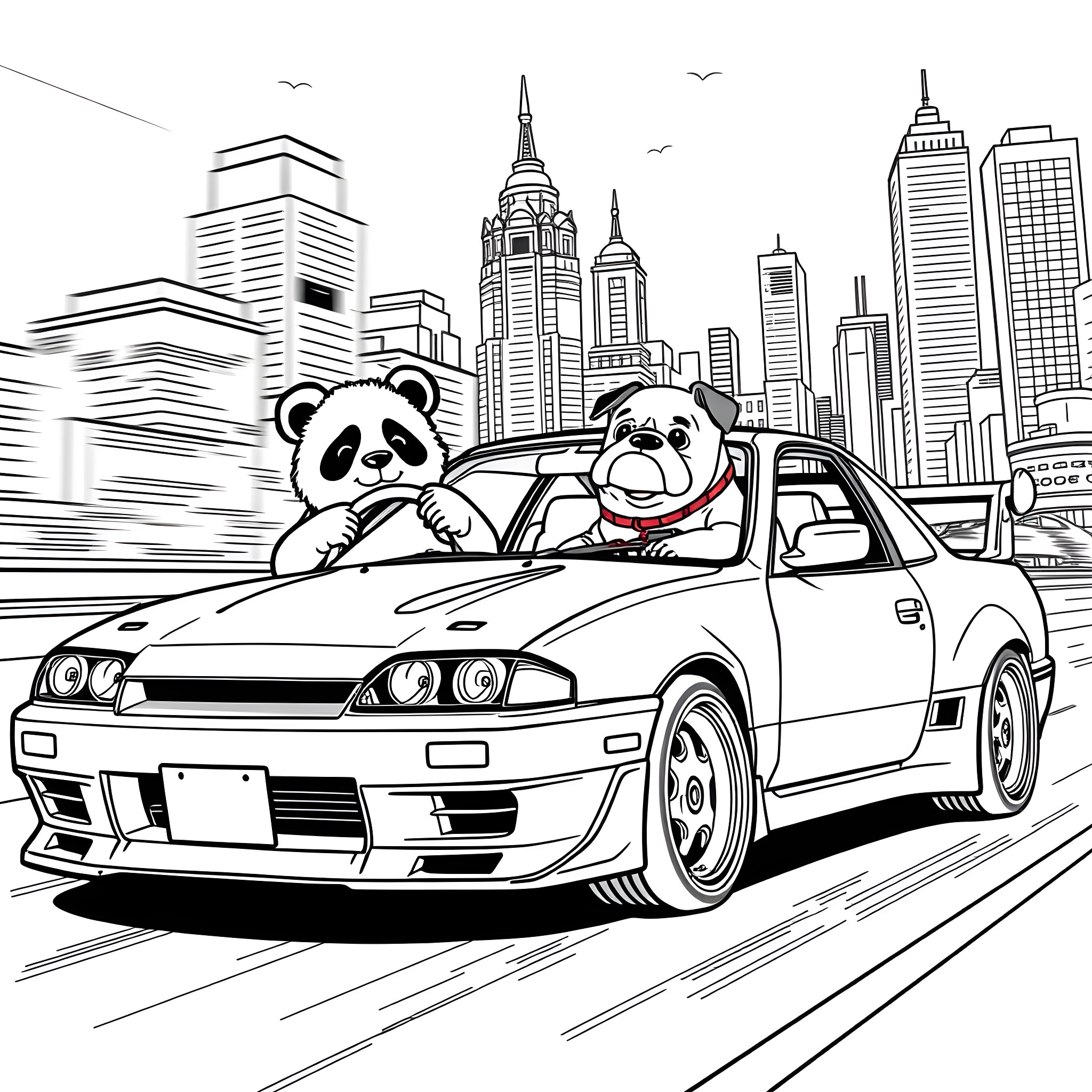 Panda bears riding in a sports car through the city Coloring Page (free black-and-white line drawing printable PDF for all, from beginners to advanced learners, including children, teens, adults, and seniors)