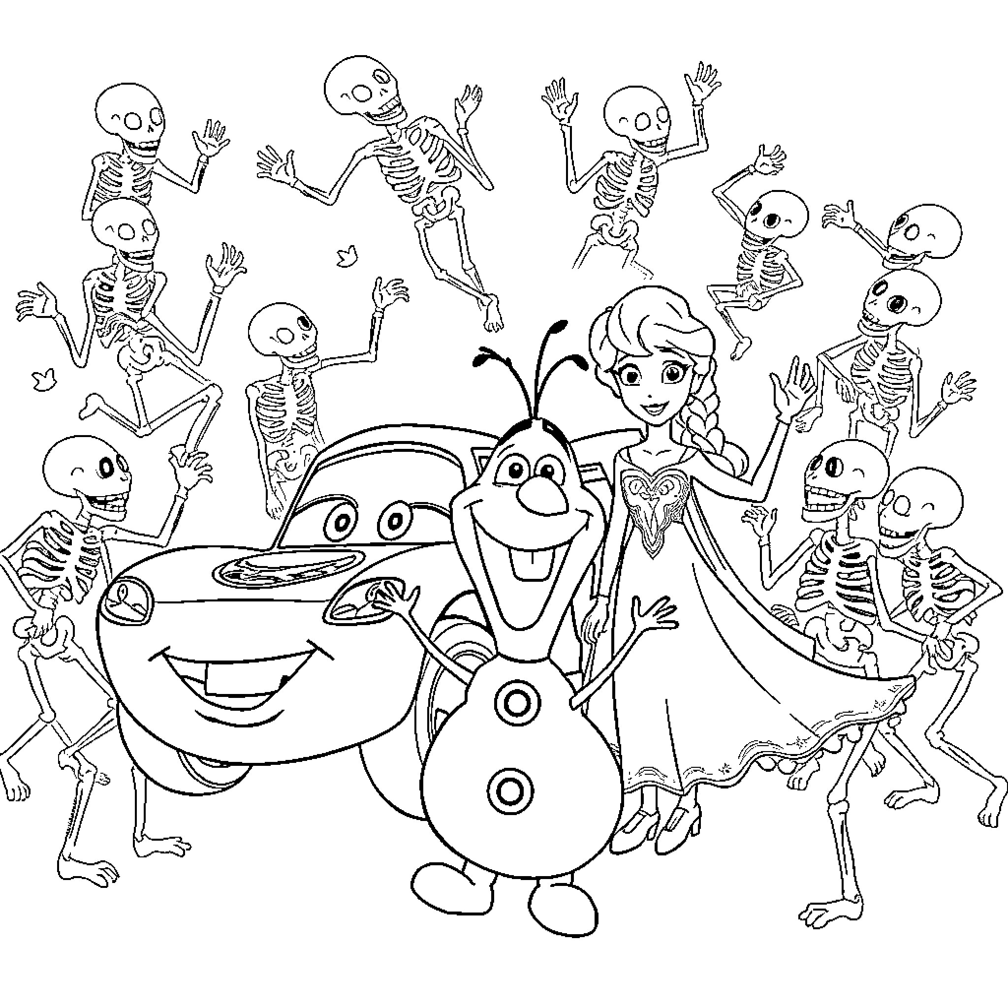 Mac Skeletons and Olaf Celebrating in Spooky Scene Coloring Page (free black-and-white line drawing printable PDF for all, from beginners to advanced learners, including children, teens, adults, and seniors)