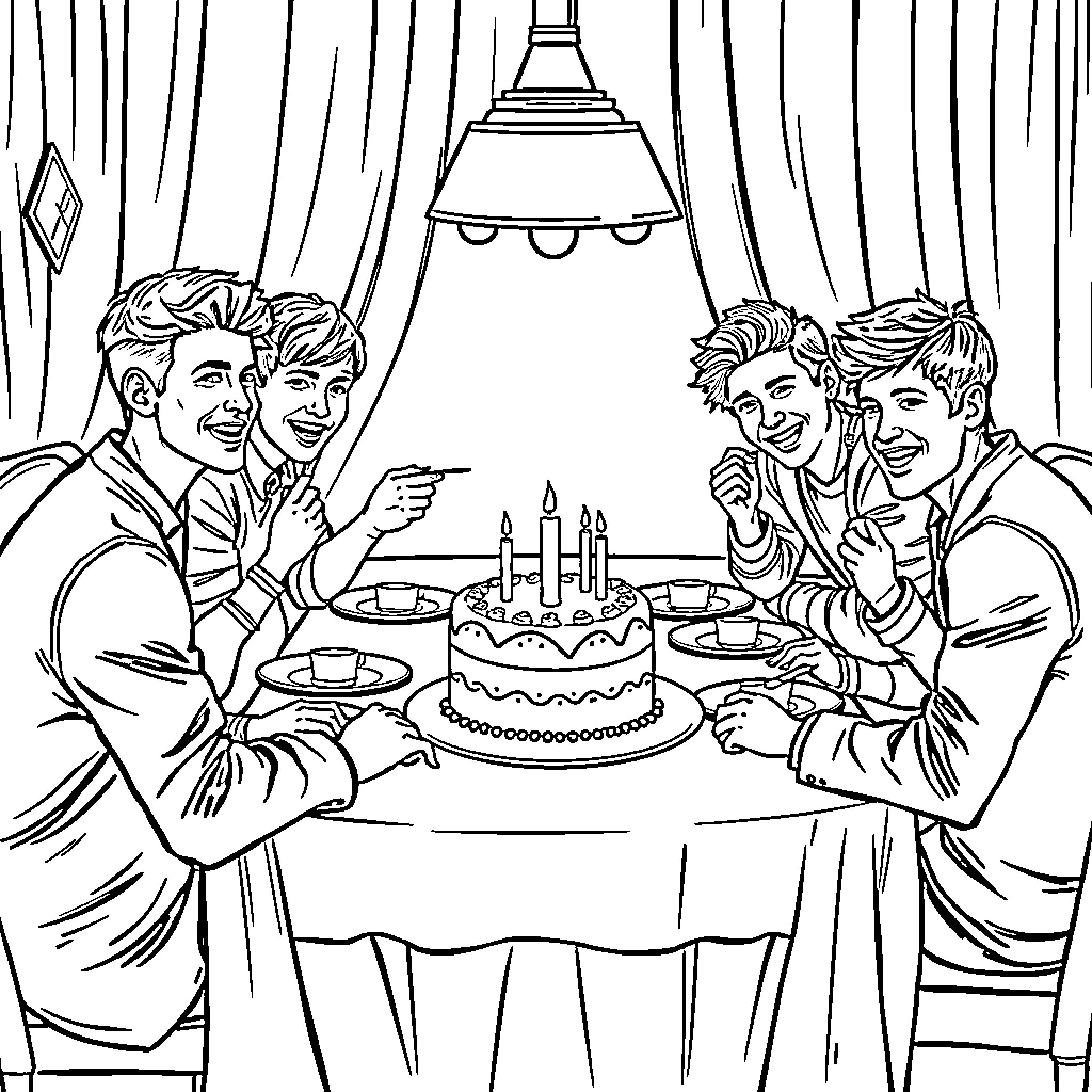 One Direction Celebrating with Birthday Cake Coloring Page (free black-and-white line drawing printable PDF for all, from beginners to advanced learners, including children, teens, adults, and seniors)