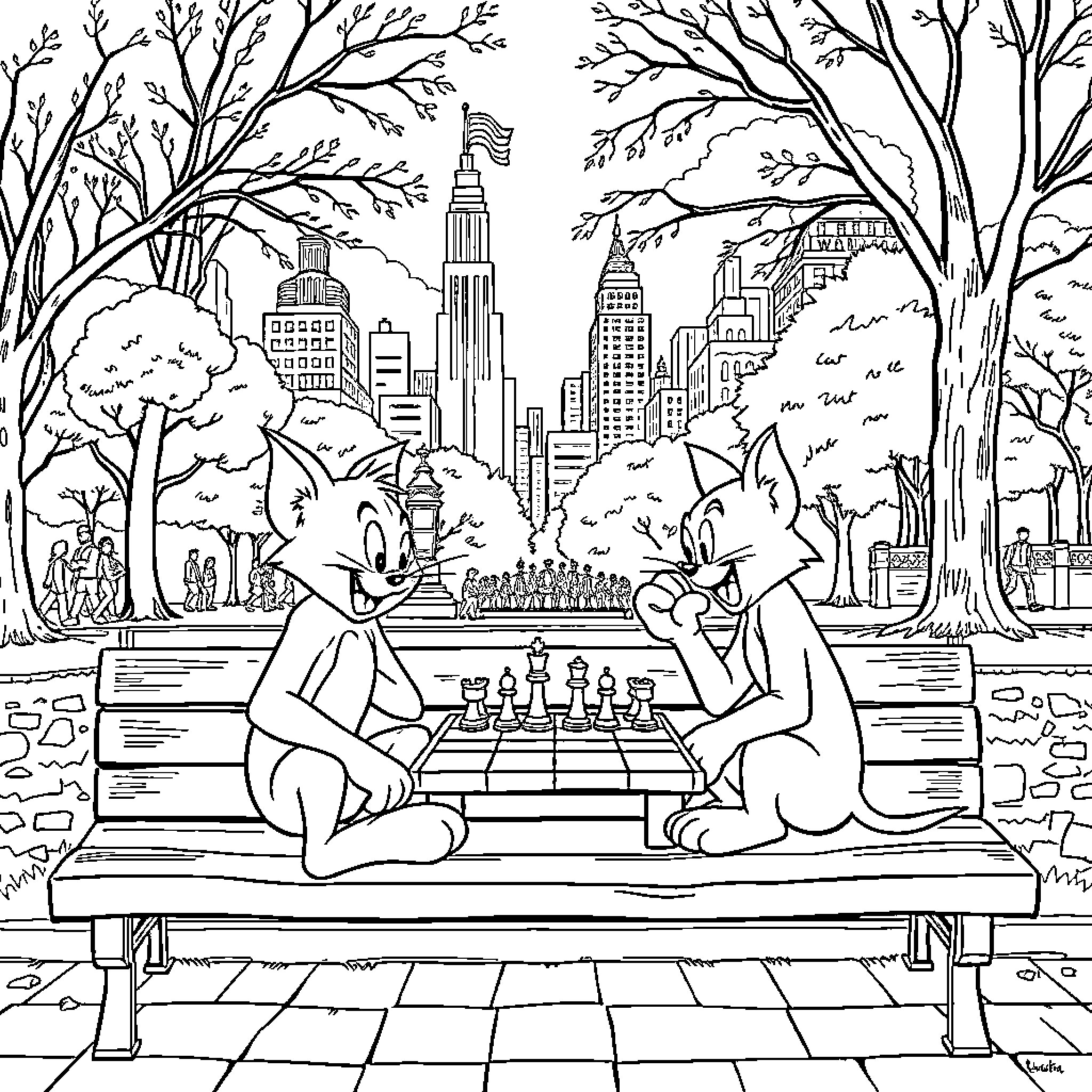 Tom and Jerry playing chess in the city park Coloring Page (free black-and-white line drawing printable PDF for all, from beginners to advanced learners, including children, teens, adults, and seniors)