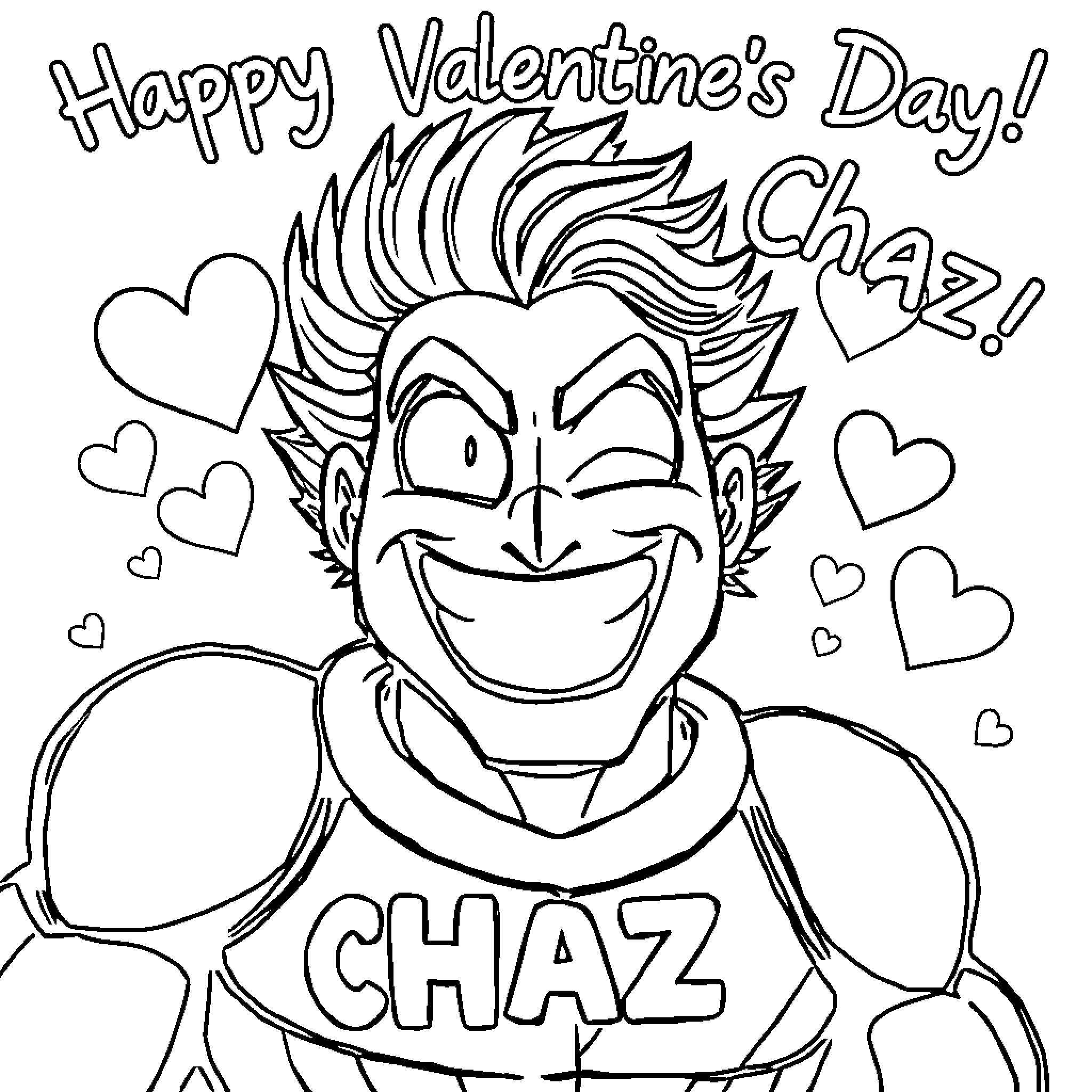 All Might Celebrates Valentine's Day with Chaz Coloring Page (free black-and-white line drawing printable PDF for all, from beginners to advanced learners, including children, teens, adults, and seniors)