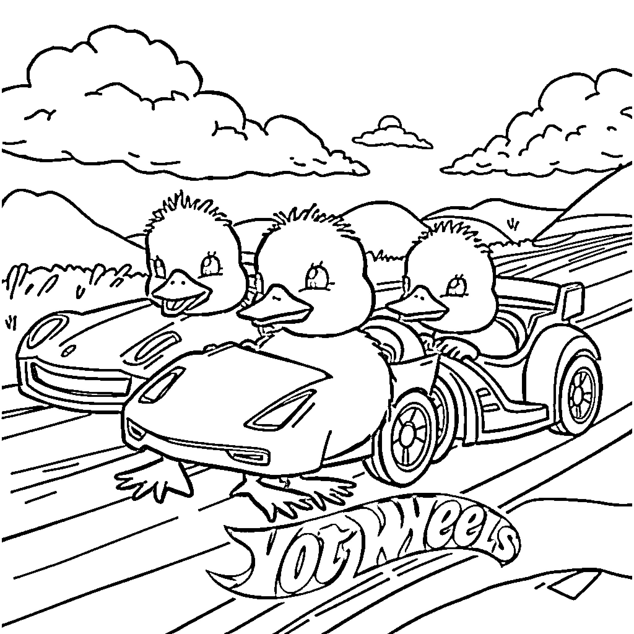 Duck Cartoon Family Driving Racecar Coloring Page (free black-and-white line drawing printable PDF for all, from beginners to advanced learners, including children, teens, adults, and seniors)